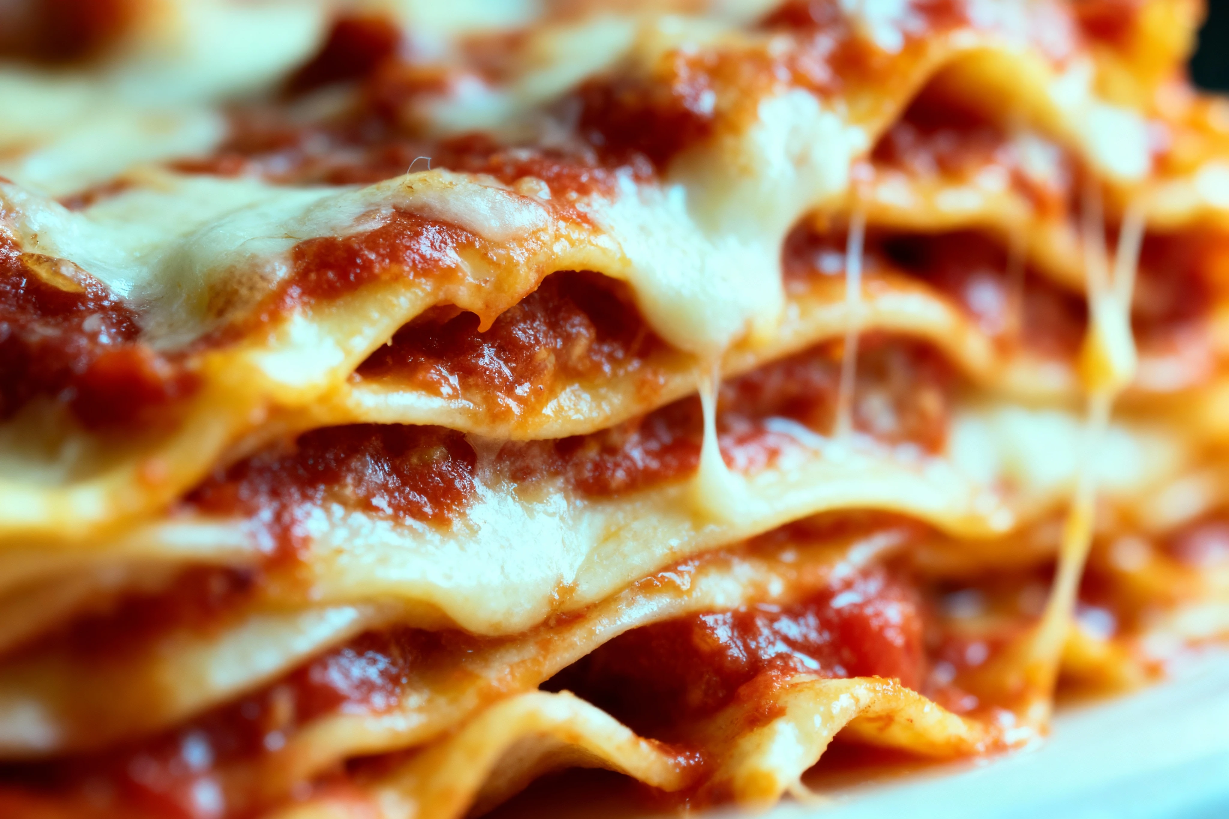 A serving of baked layered lasagna topped with rich tomato sauce and bubbling cheese, with a large portion lifted on a fork showcasing long strands of stretchin