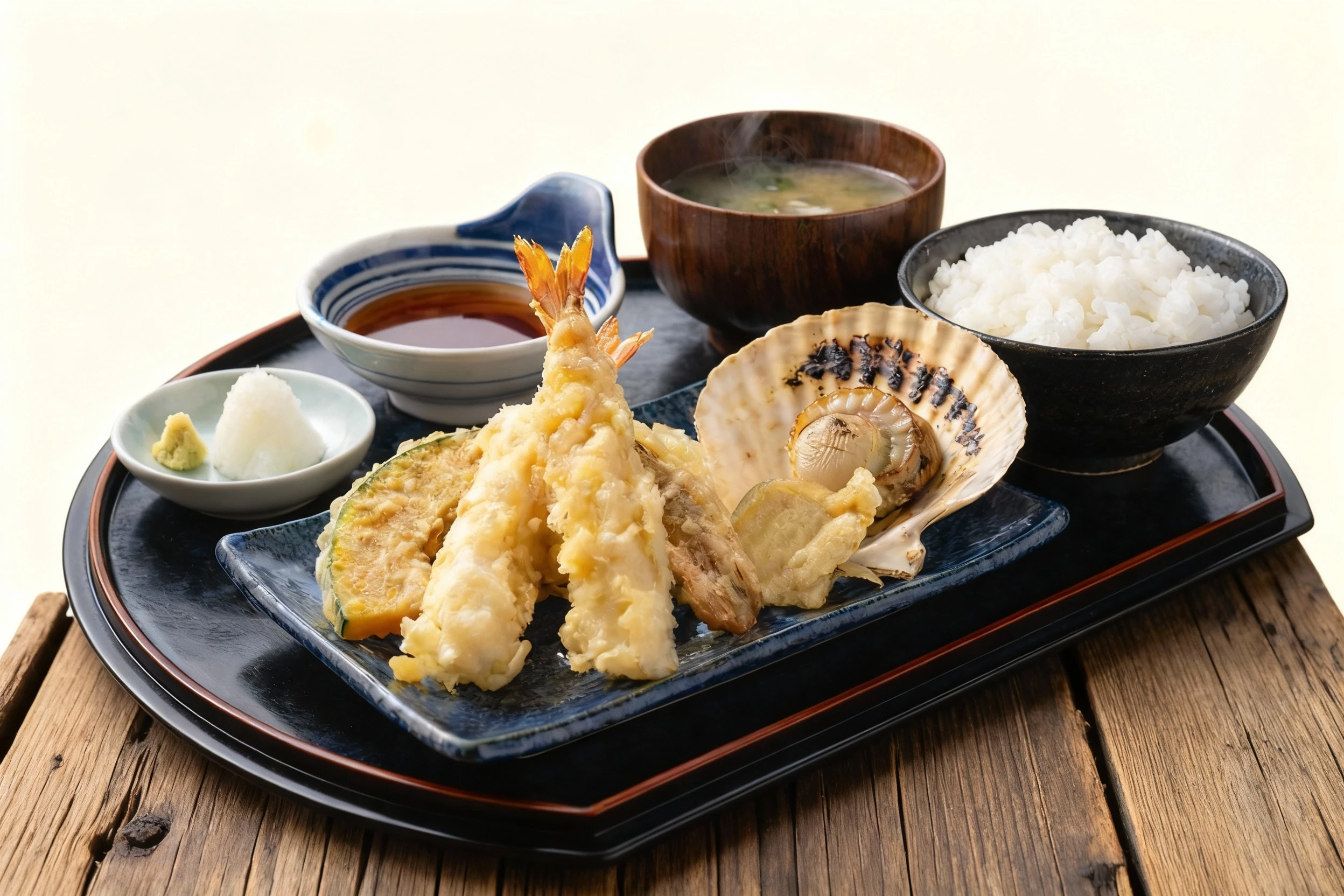 Japanese tempura set meal featuring battered shrimp, a scallop served in its shell, and tempura-fried vegetables like kabocha squash. The meal is served with st