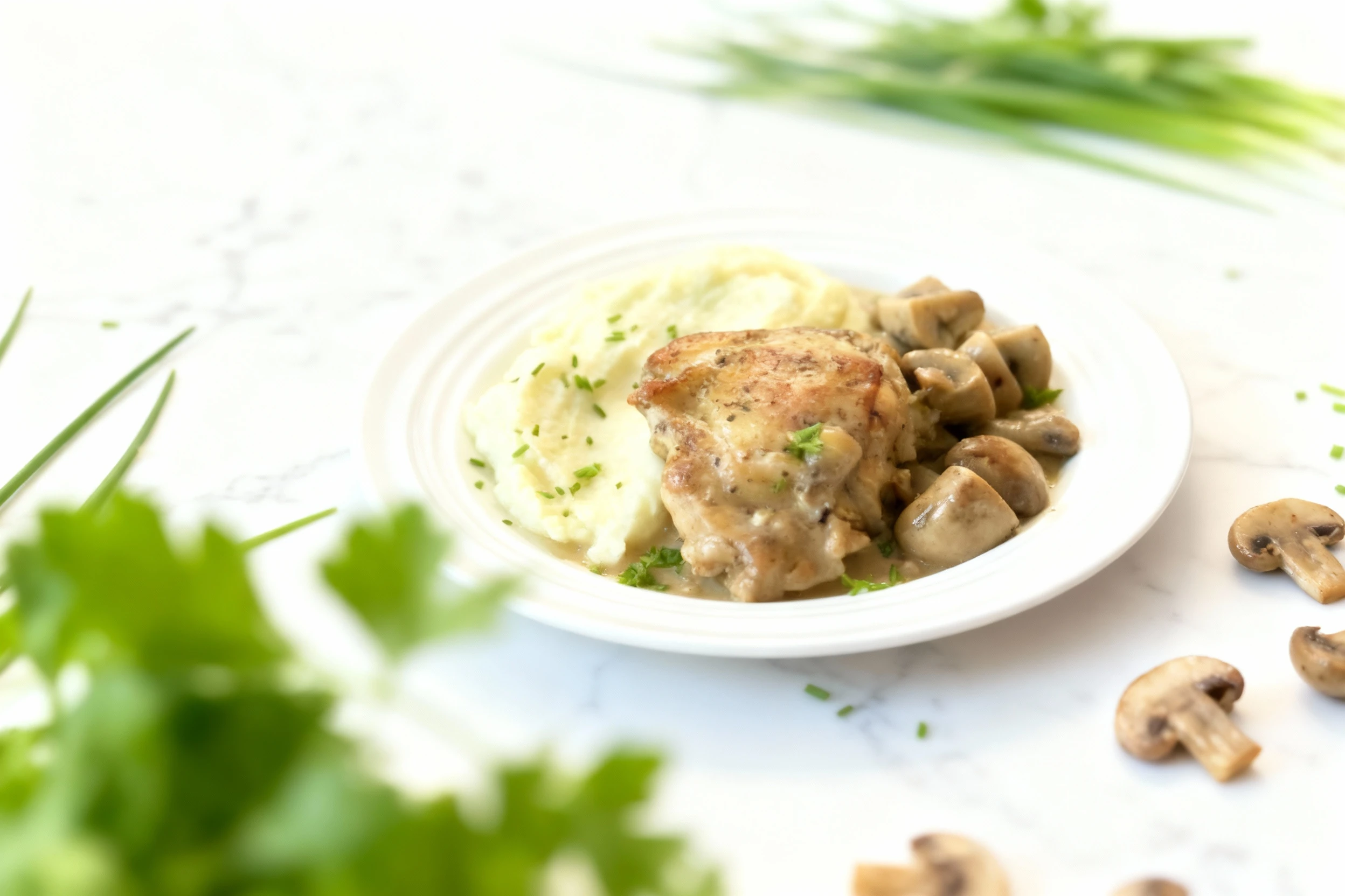 A plated meal featuring a seasoned chicken piece coated in a light mushroom cream sauce, served alongside a large portion of chive-garnished mashed potatoes and