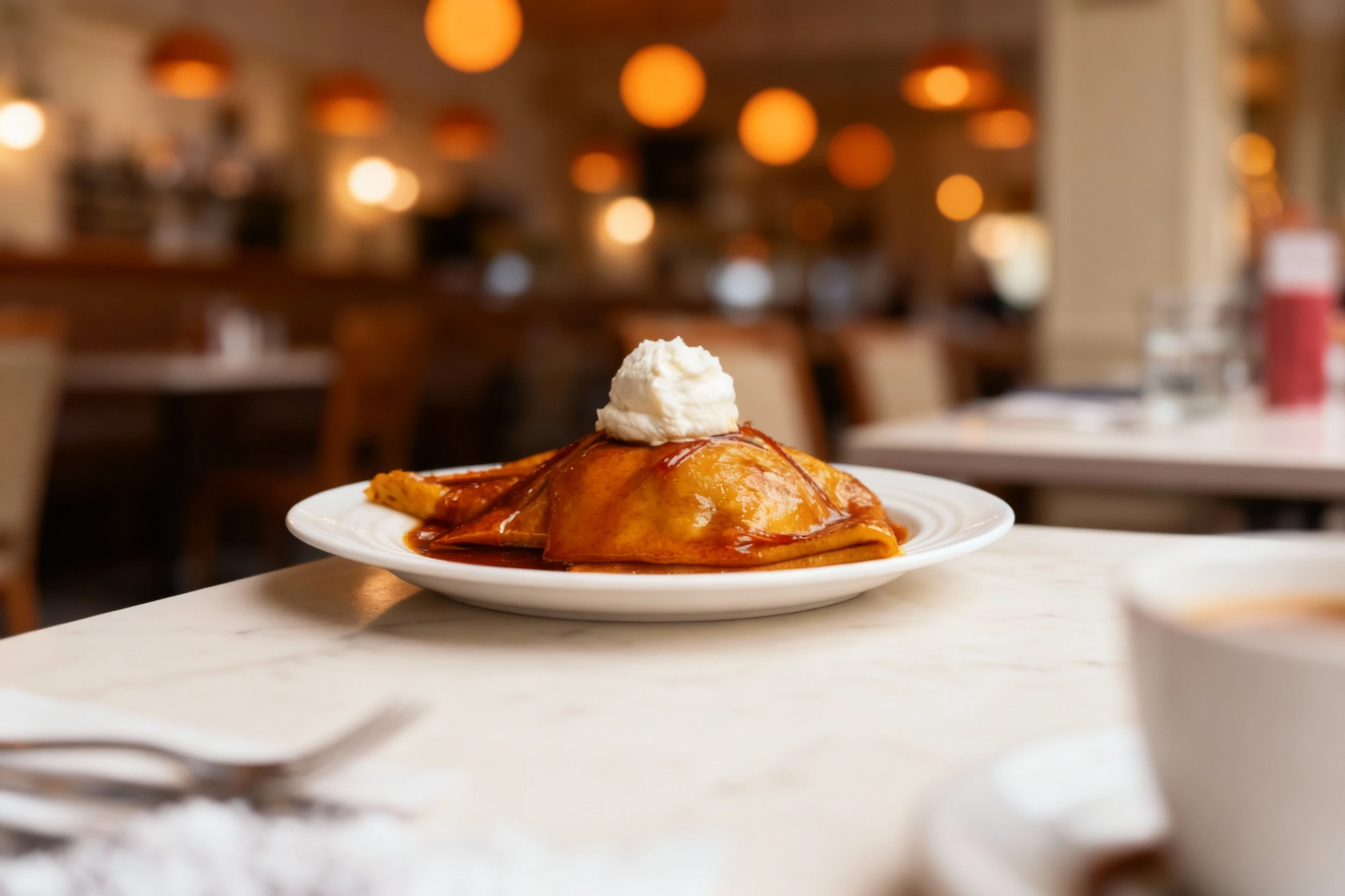 Folded crepes are generously covered in a glossy, dark caramel sauce and topped with a large scoop of fresh whipped cream, served on a white plate.