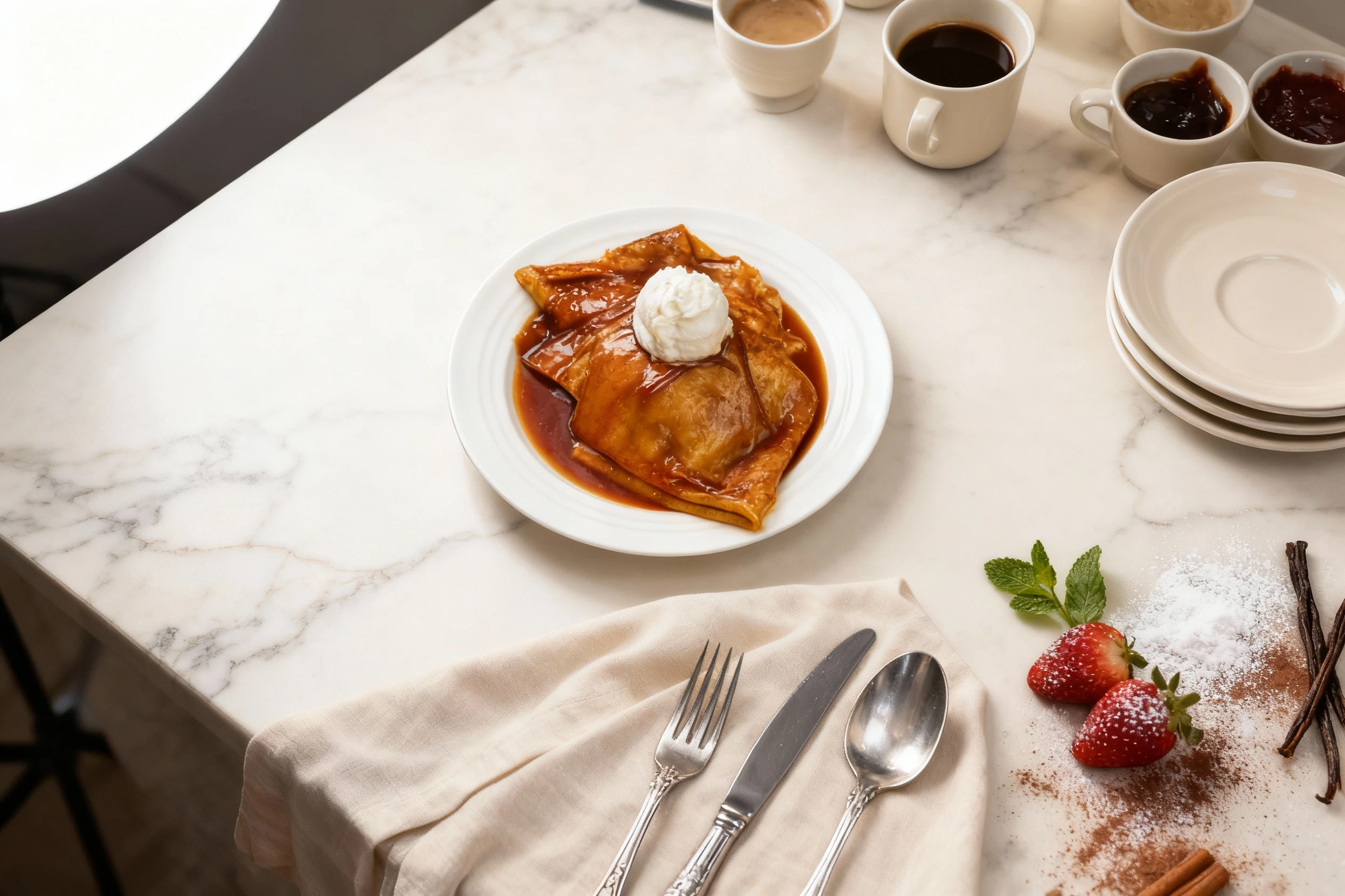 Folded dessert crepes are presented on a white plate, covered in a glossy, deep amber caramel or fruit sauce, and finished with a large scoop of whipped cream.