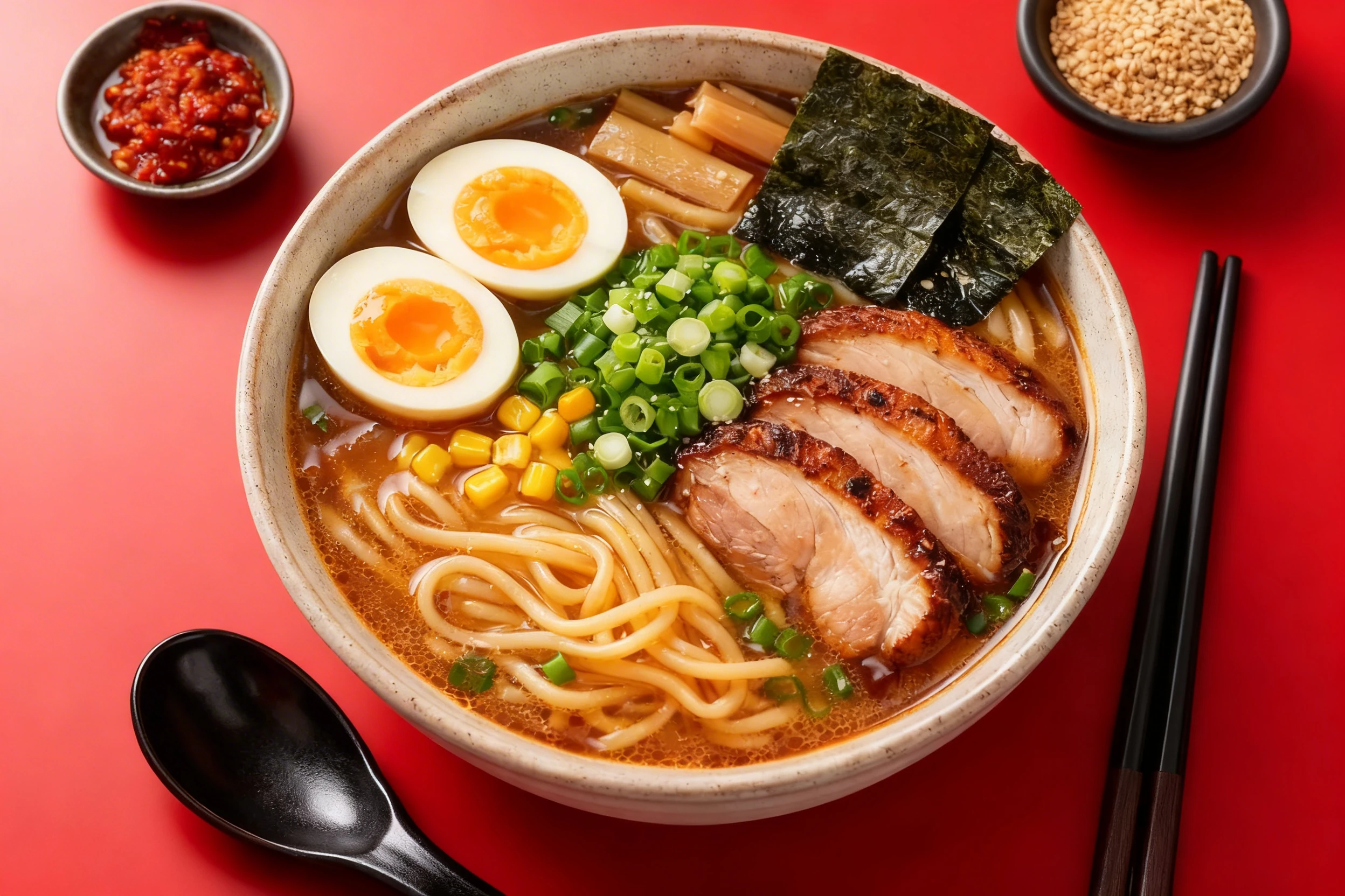 A bowl of pork ramen featuring thick noodles in savory broth topped with soft-boiled eggs, seared chashu pork slices, bamboo shoots, nori seaweed, corn, and cho