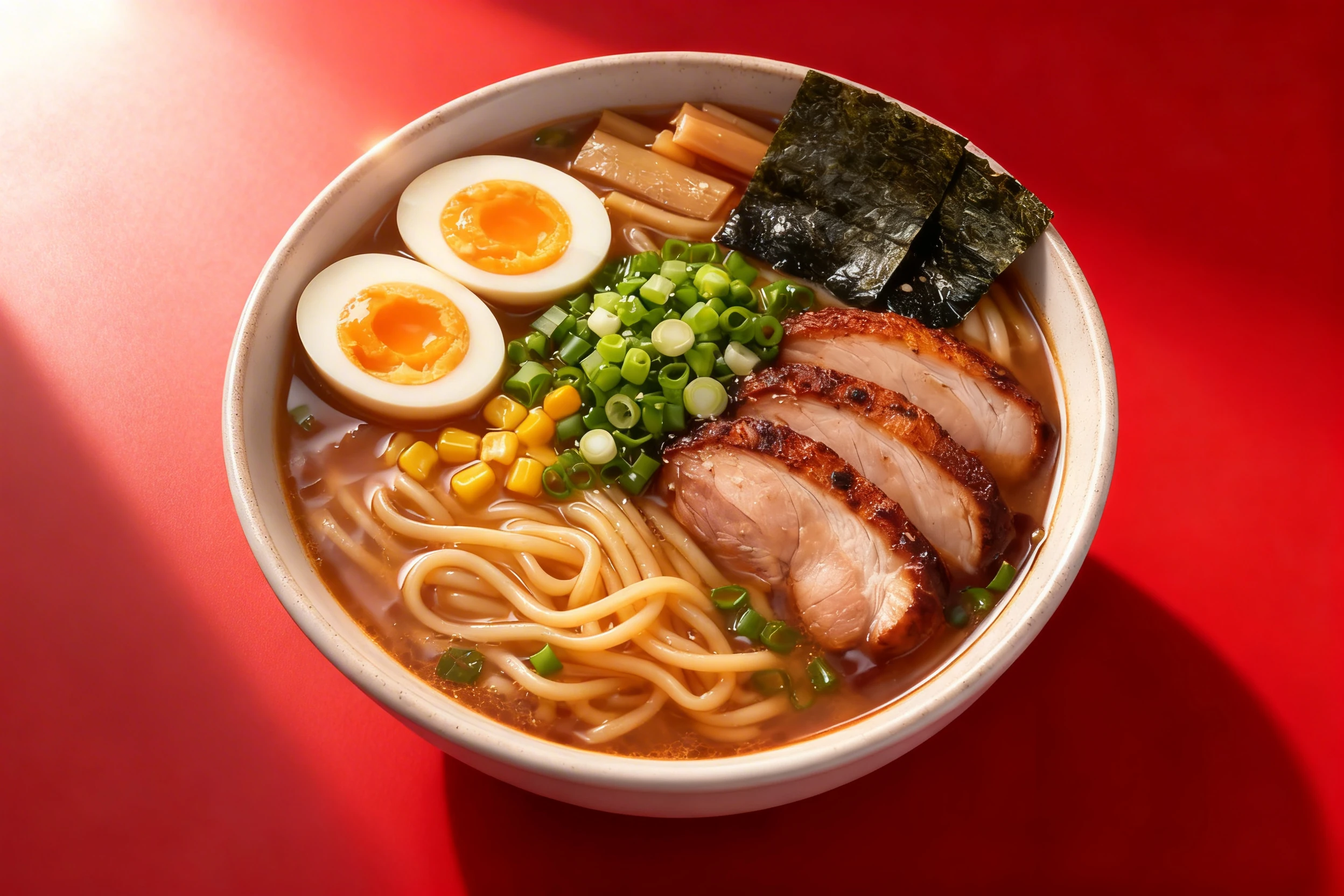 A bowl of ramen featuring thick noodles in a savory broth, topped with sliced chashu pork, soft-boiled eggs, nori sheets, bamboo shoots, corn, and chopped green