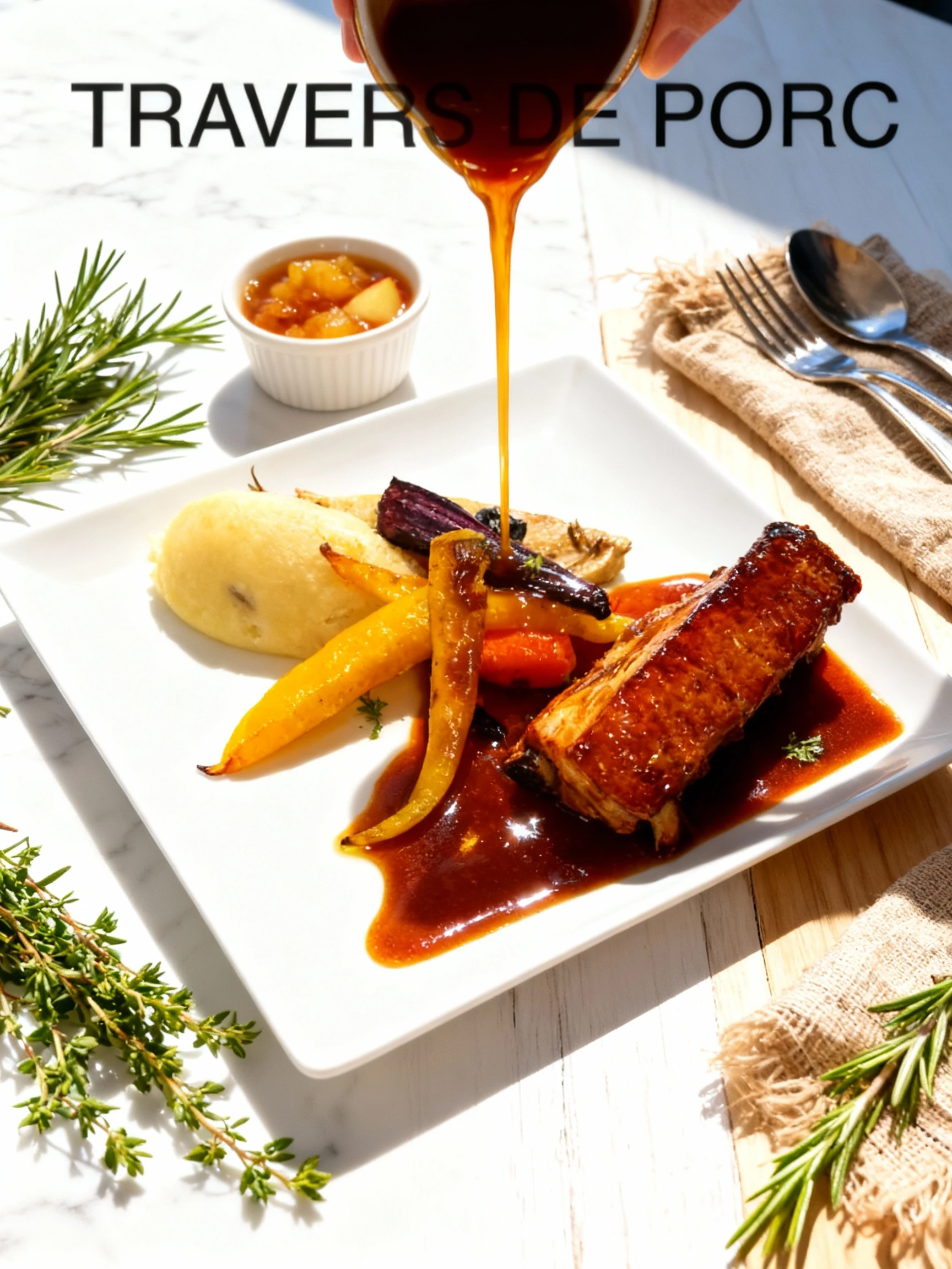 A portion of glazed pork ribs (travers de porc) is served with a rich brown sauce, accompanied by a scoop of mashed potatoes and roasted heirloom carrots.
