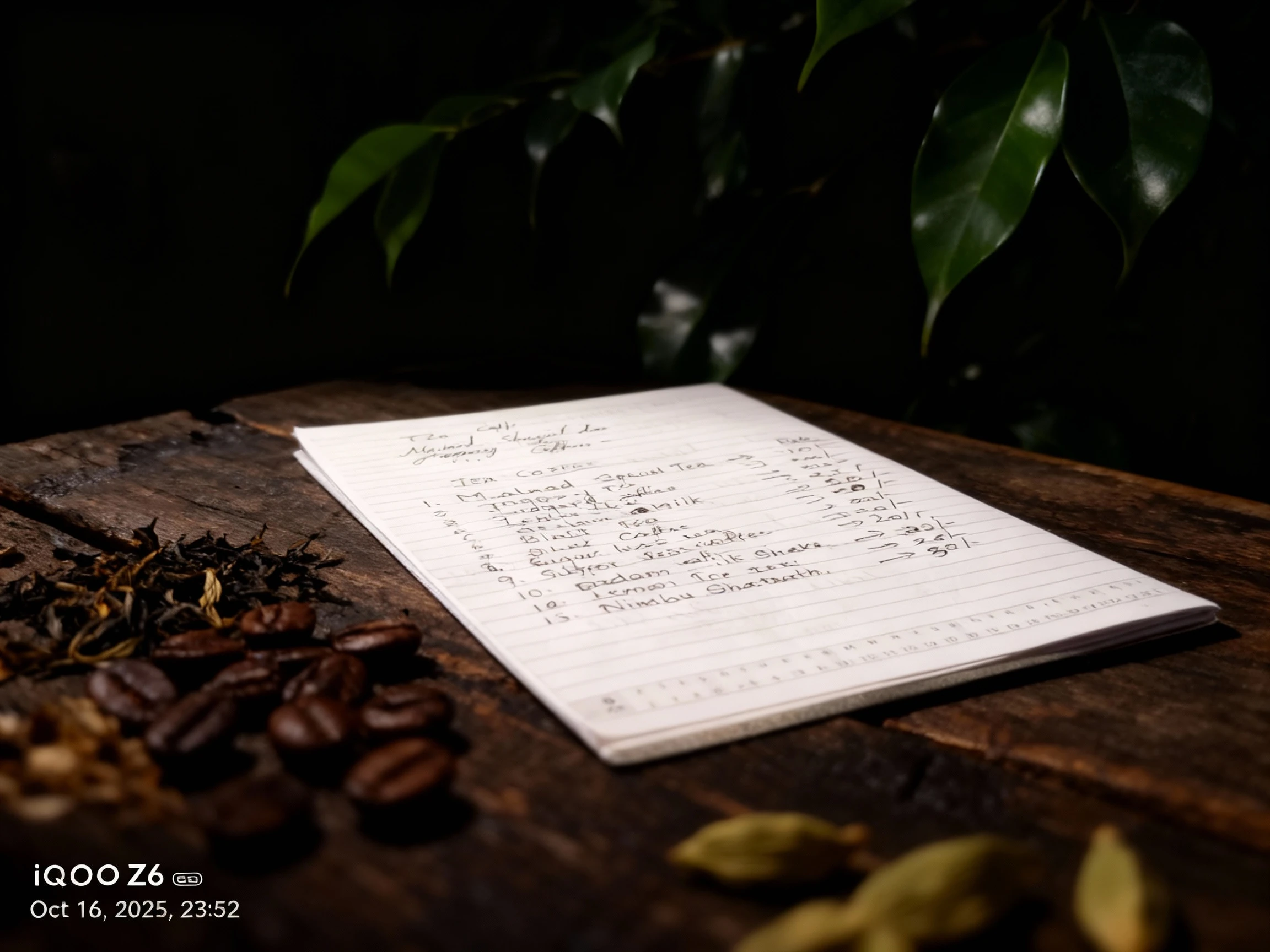 A handwritten beverage menu listing 13 items under the categories 'Tea Coffee,' including Malnad Special Tea, Jaggery Tea, Badam Milk, and Cold Coffee, along wi