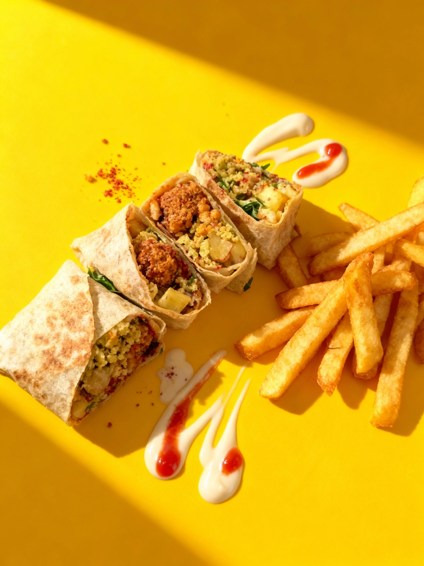 A take-out meal featuring four halves of wrapped falafel or shawarma filled with a spiced chickpea mixture, greens, and potatoes, served with golden French frie