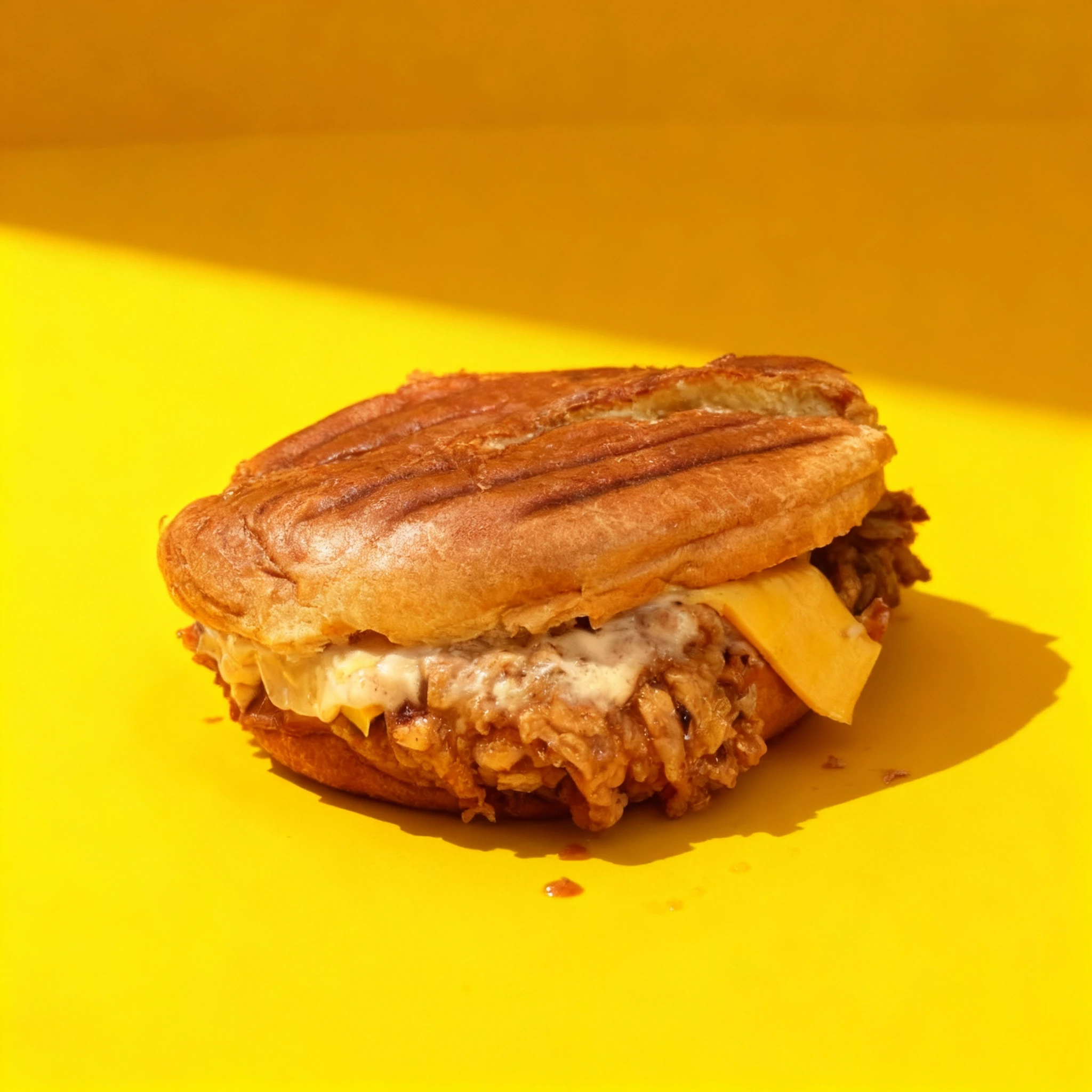 A messy pressed sandwich featuring a toasted bun with grill marks, a generous filling of heavily sauced shredded meat, creamy white sauce, and a partially visib