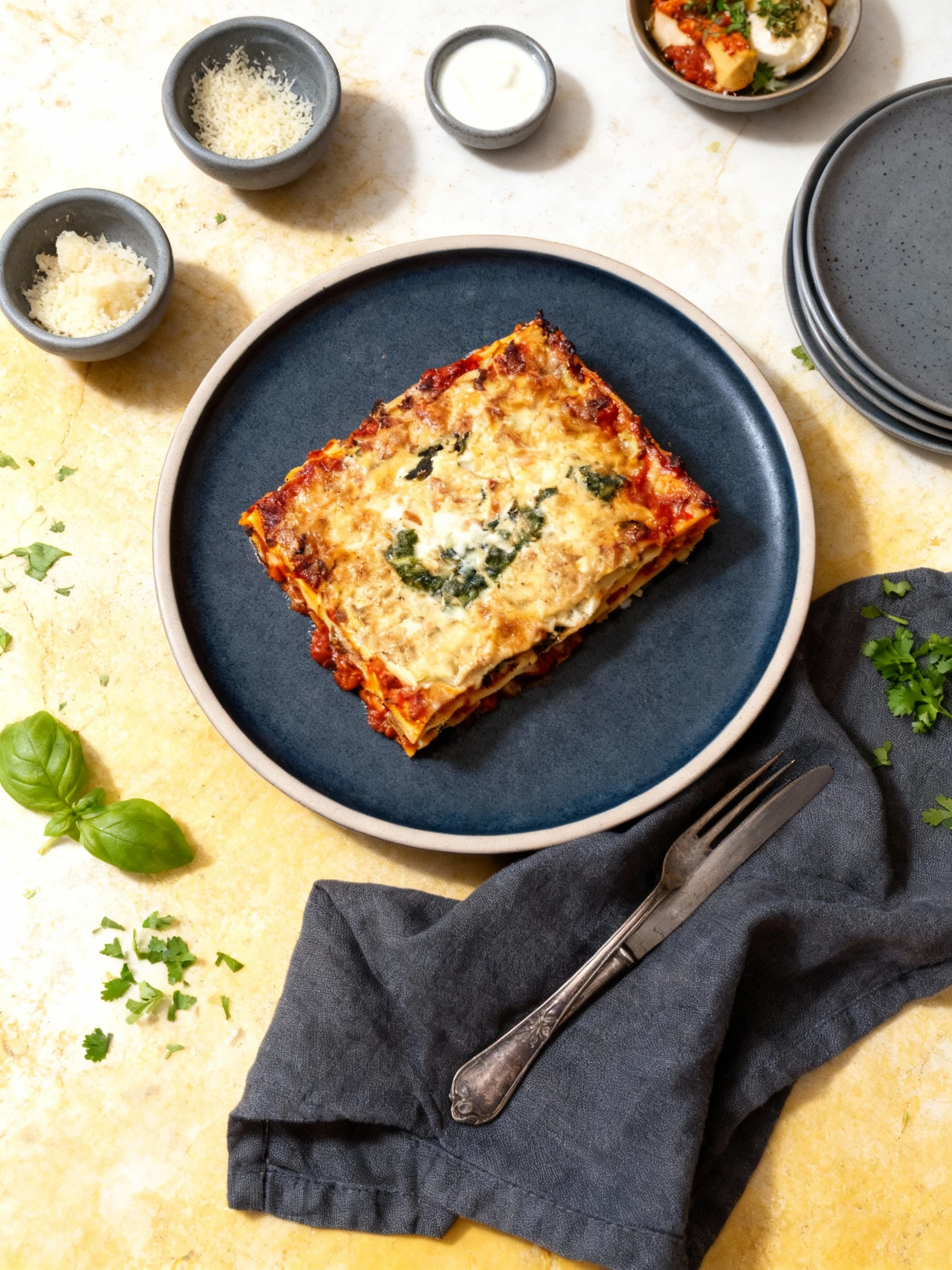 A deeply baked salmon lasagna topped with a thick layer of melted, slightly browned cheese and cream sauce, featuring visible inclusions of dark green spinach o