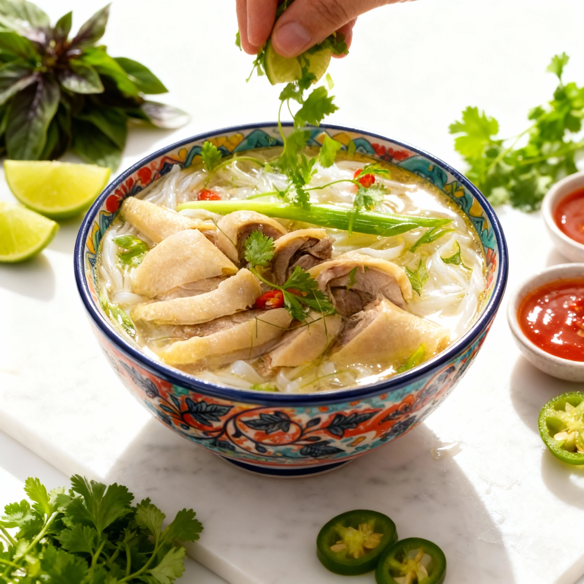 A bowl of traditional chicken noodle soup, likely Pho Ga, featuring tender sliced chicken pieces resting on white rice vermicelli noodles in a clear broth, garn