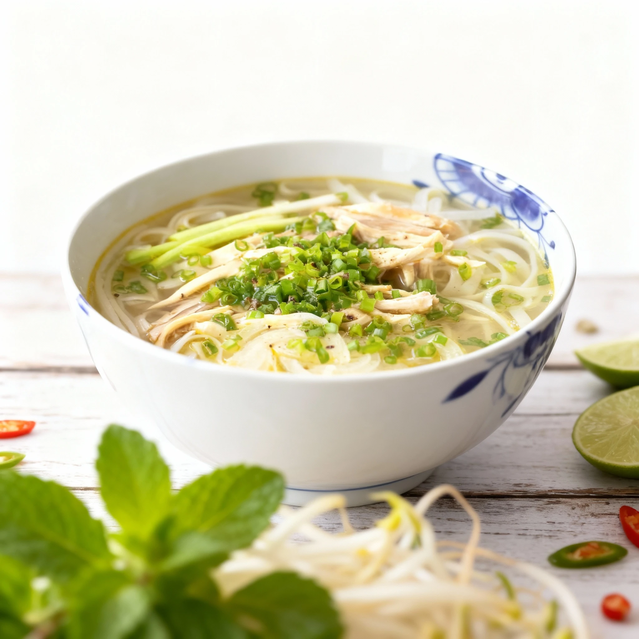 This is a bowl of Vietnamese-style chicken noodle soup (Phở Gà) featuring rice noodles in a clear broth. It is generously topped with shredded chicken, large sl