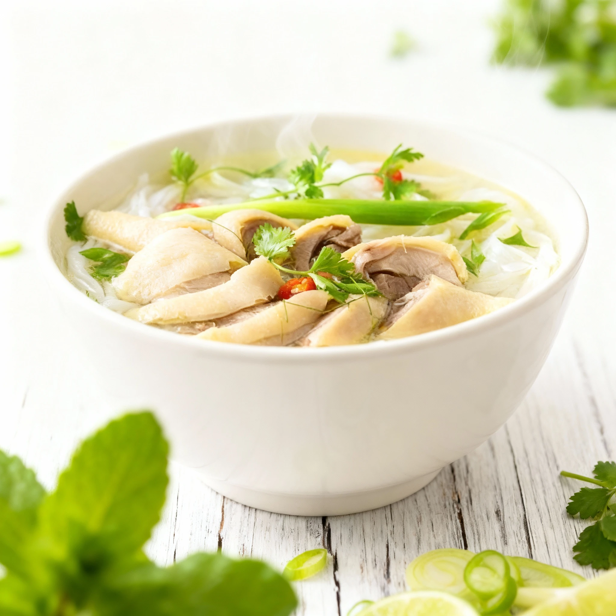A bowl of Vietnamese chicken noodle soup, or Phở Gà, containing white rice noodles and generous slices of cooked, skin-on chicken, served in a clear broth. The