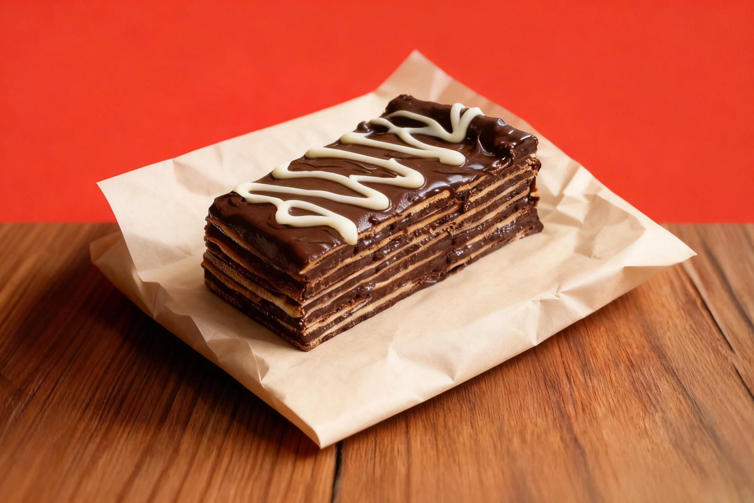 A rectangular slice of chocolate wafer cake featuring multiple layers of thin biscuits and chocolate cream, topped with dark chocolate ganache and white chocola