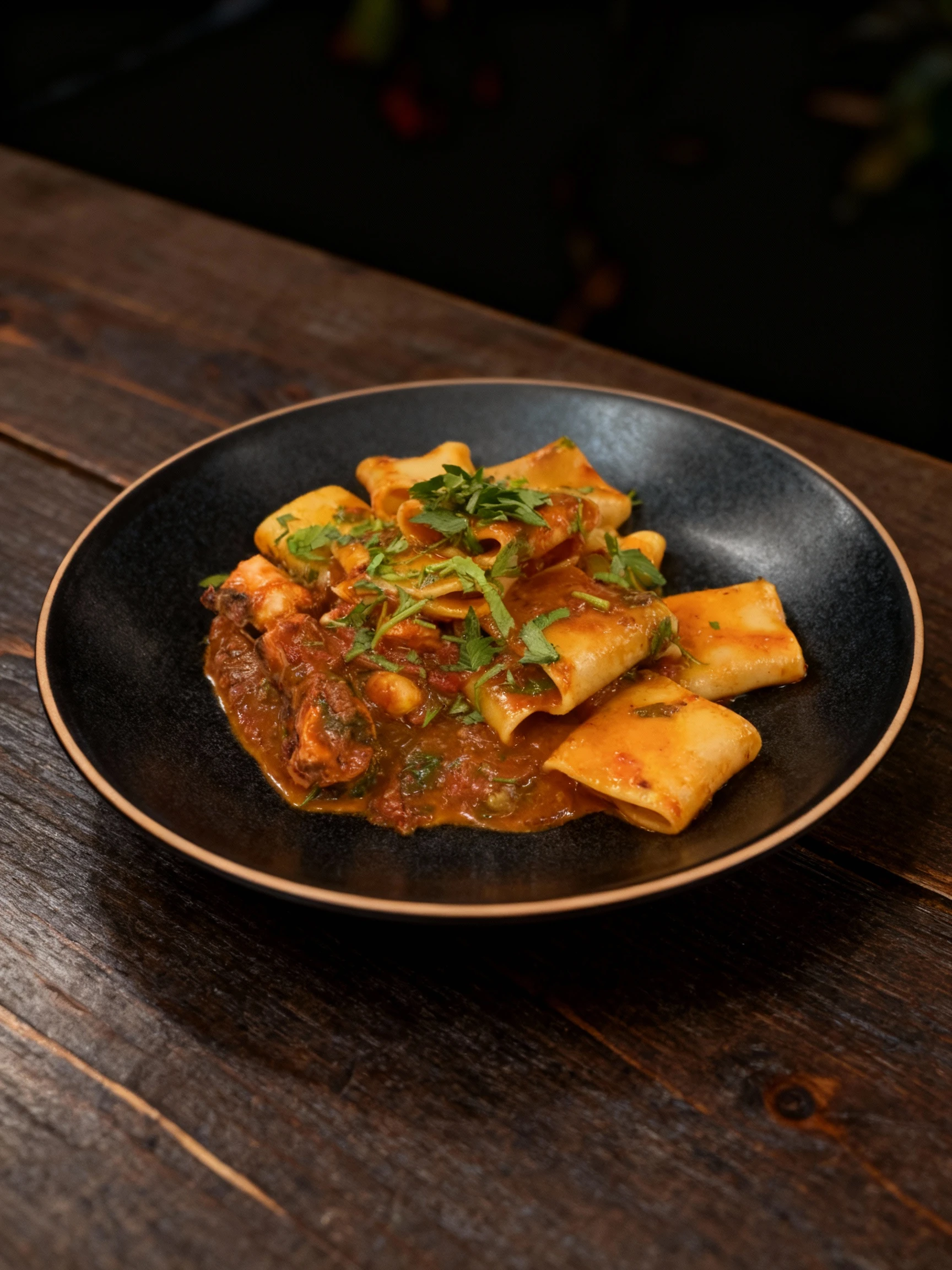 Large, square-cut pasta tubes (resembling Paccheri) tossed in a rich tomato sauce containing pieces of seafood, likely octopus or calamari, and white beans, gar