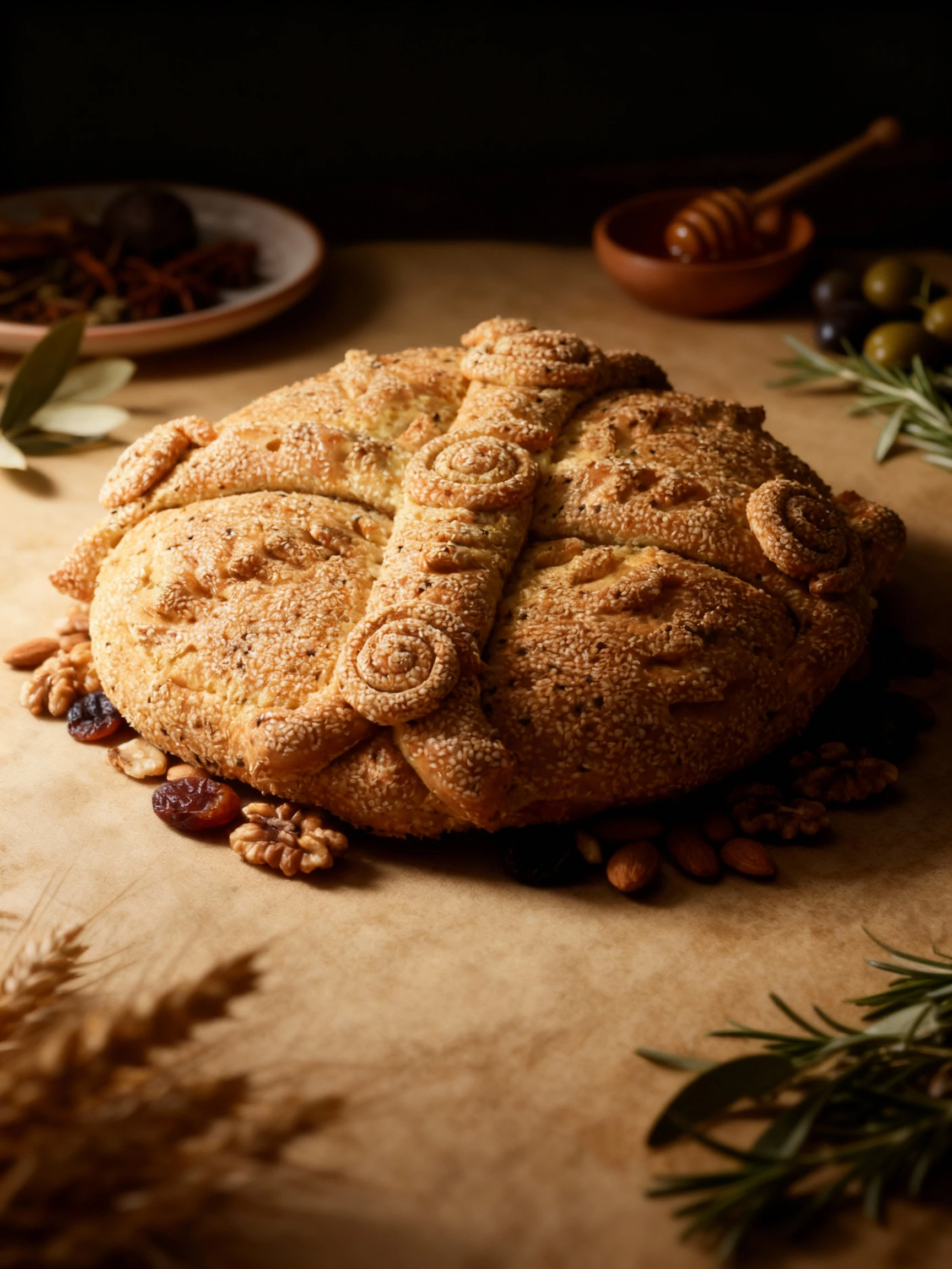 This is a large, round loaf of golden festive bread, possibly Artos or Tsoureki, fully coated in white and black sesame seeds. The top features a decorative rai