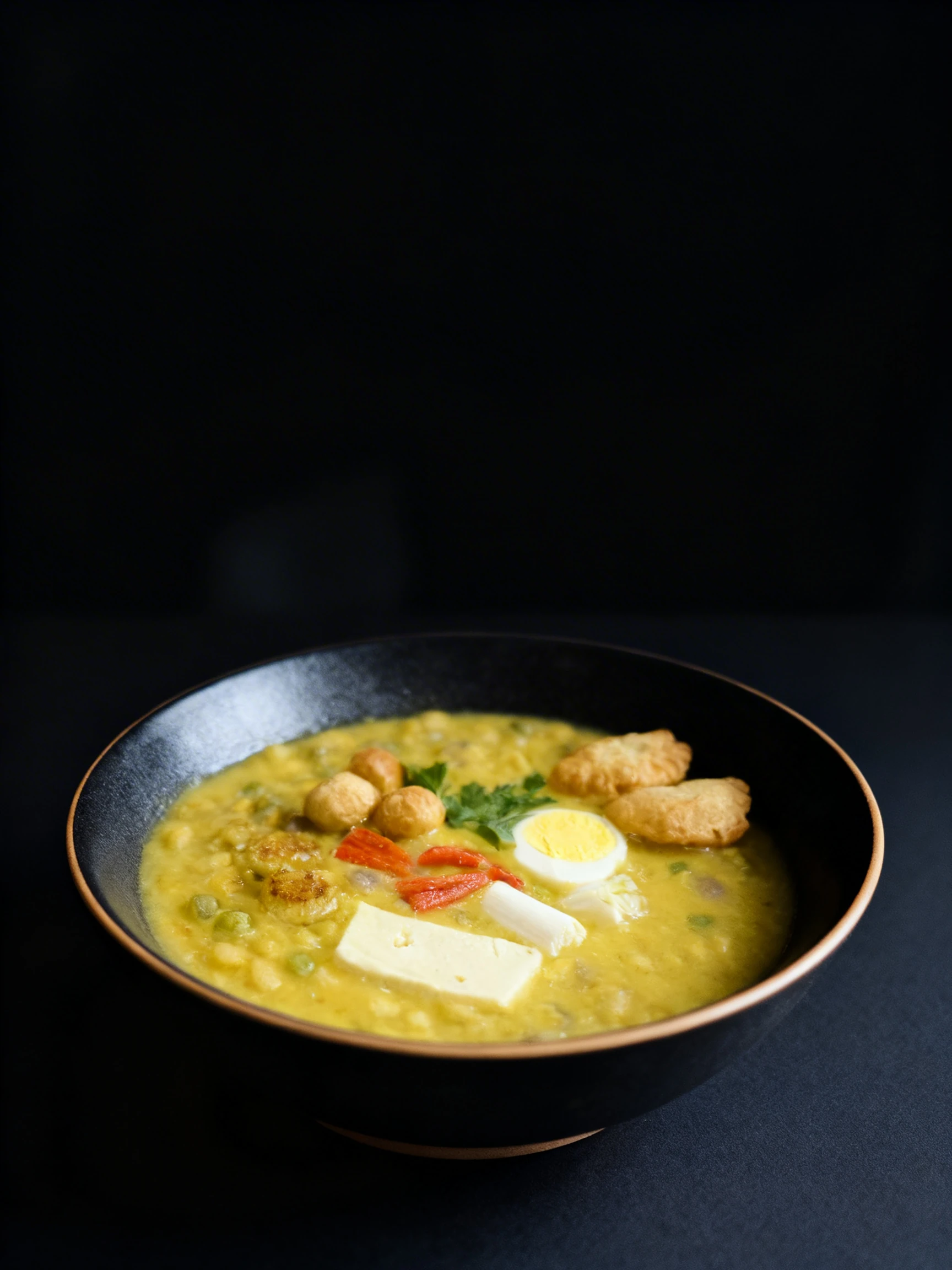 A yellow lentil and vegetable soup topped with hard-boiled egg, fresh parsley, small pastries, and a slice of white cheese.