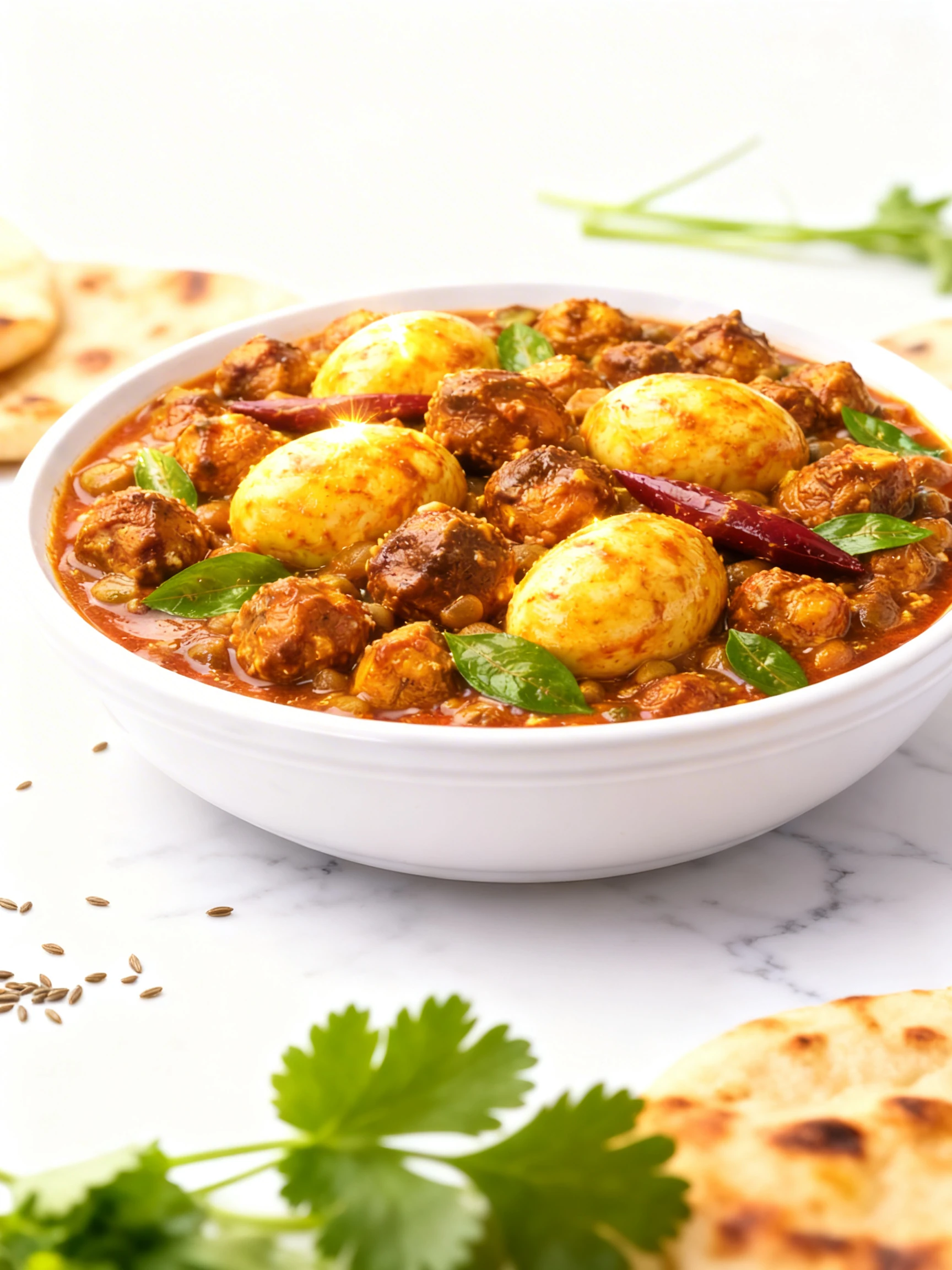 Indian-style egg curry featuring whole hard-boiled eggs and fried meatballs in a rich, spiced gravy garnished with curry leaves and dried chilies.