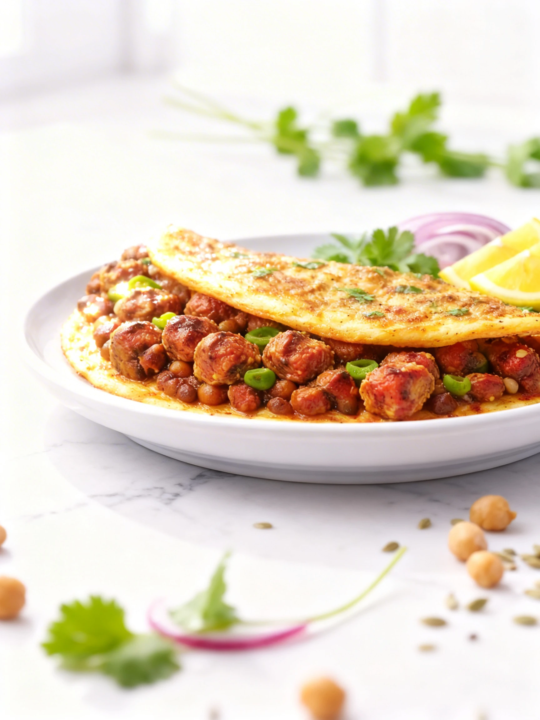A folded omelet filled with spiced meatballs, chickpeas, and green chili slices, garnished with fresh cilantro, sliced red onion, and lemon wedges.