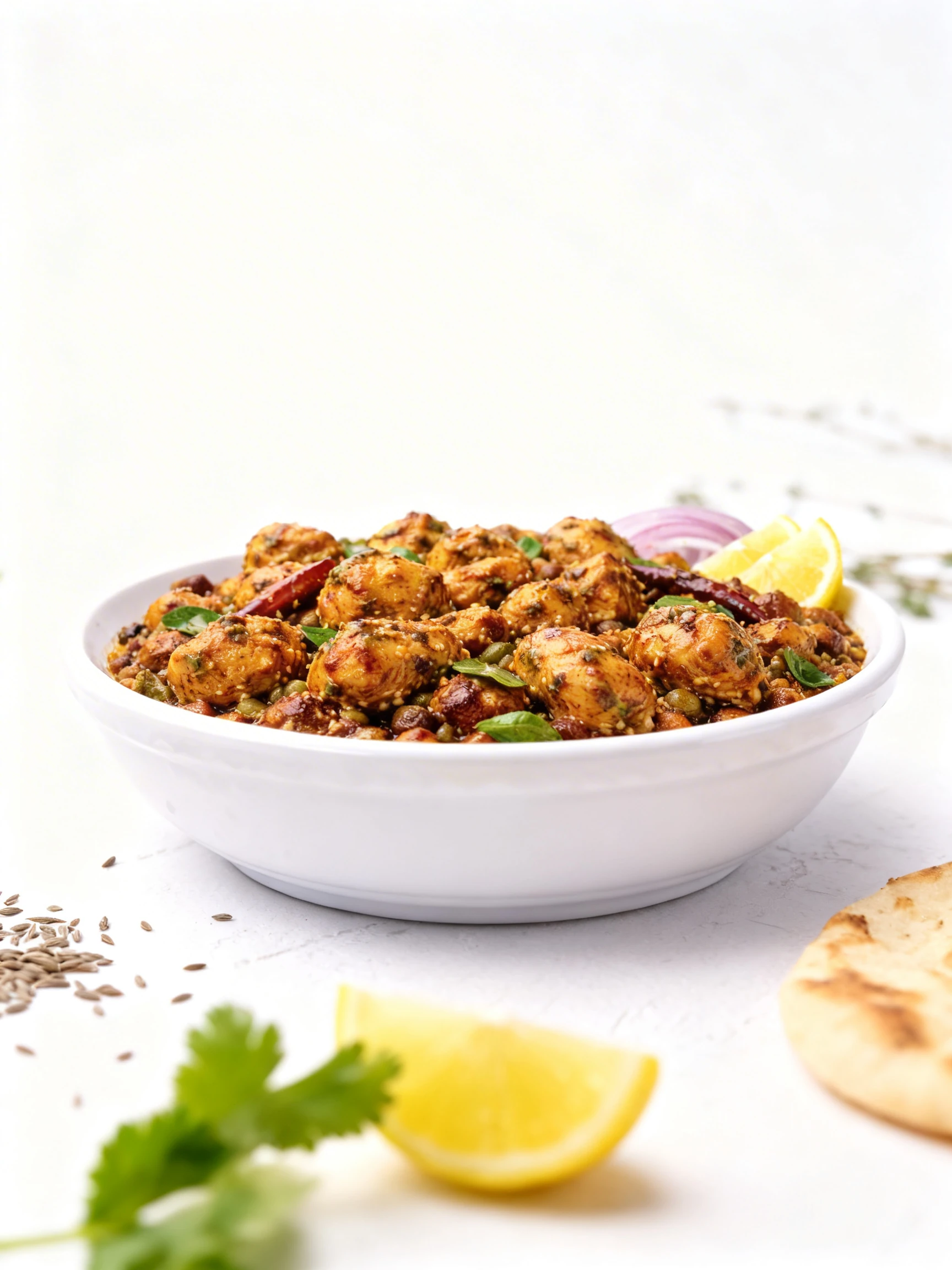 A spicy Indian-style curry featuring roasted potatoes and chickpeas simmered in a thick sauce, garnished with whole dried chilies, fresh curry leaves, sliced re