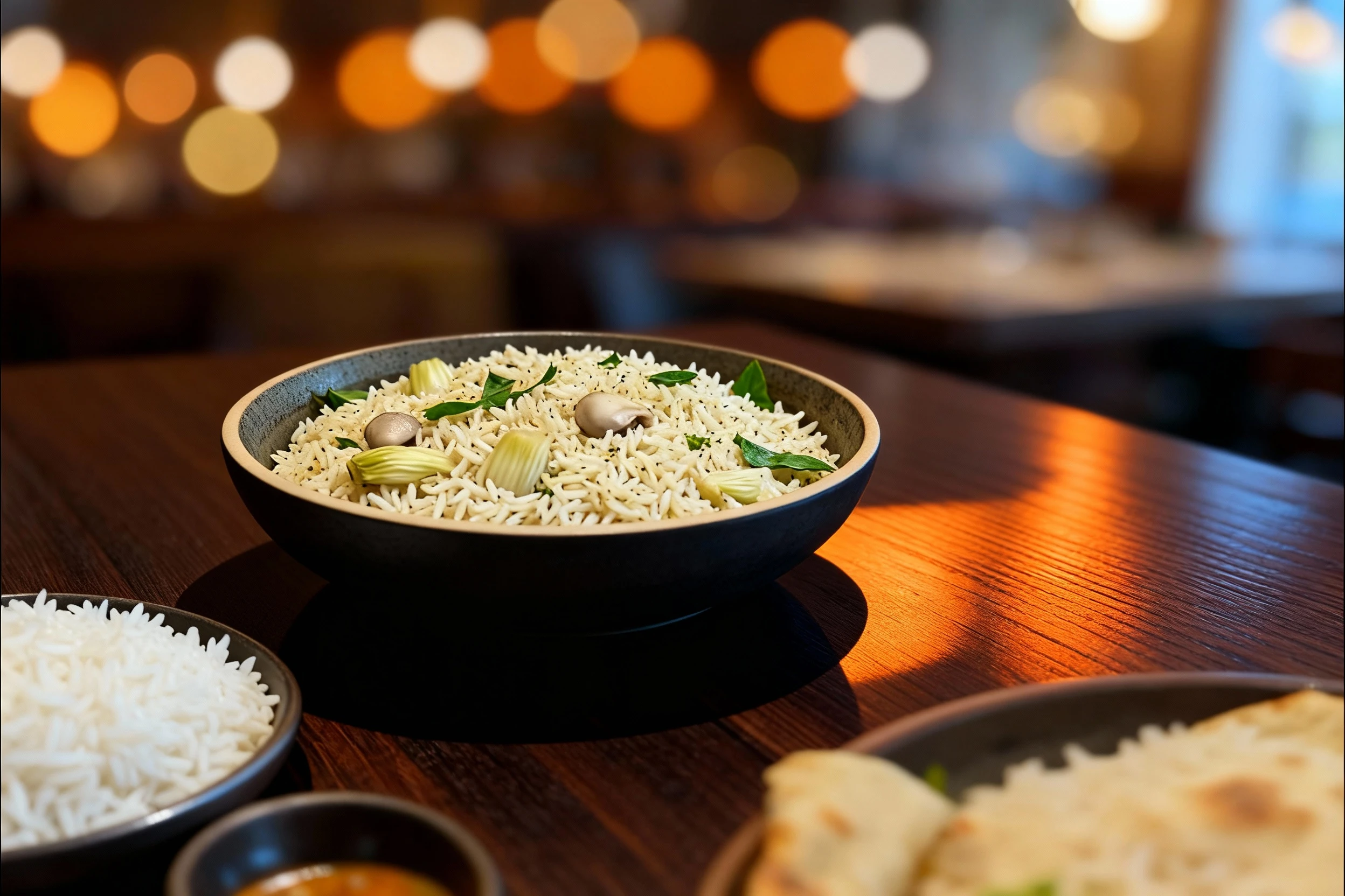 Seasoned rice, resembling a pilaf or biryani, featuring whole rice grains mixed with pieces of pale vegetables (likely mushrooms or artichokes) and scattered gr