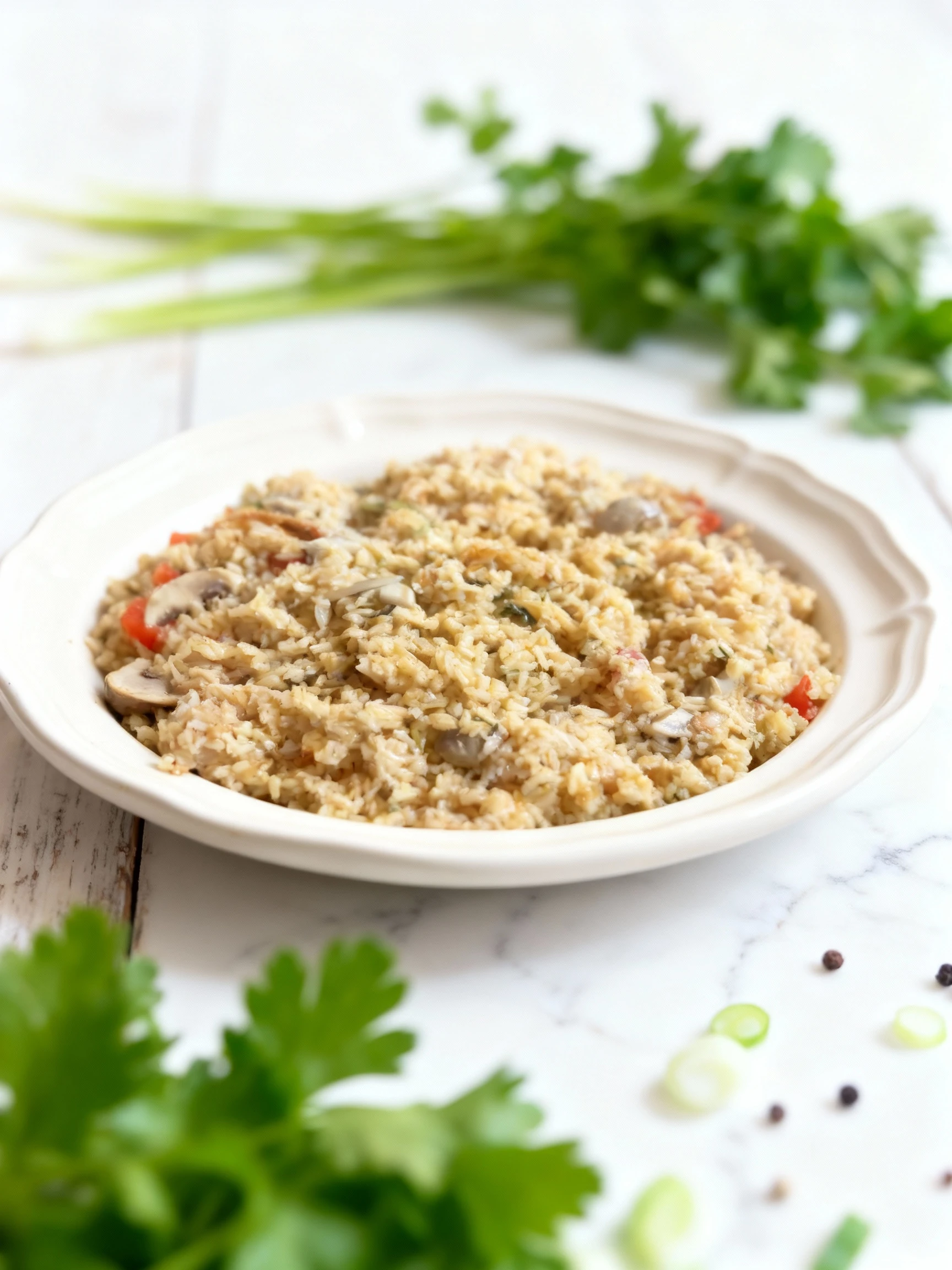A close-up view of seasoned rice, resembling a pilaf or biryani, mixed with small pieces of sliced mushrooms and other vegetables or herbs.