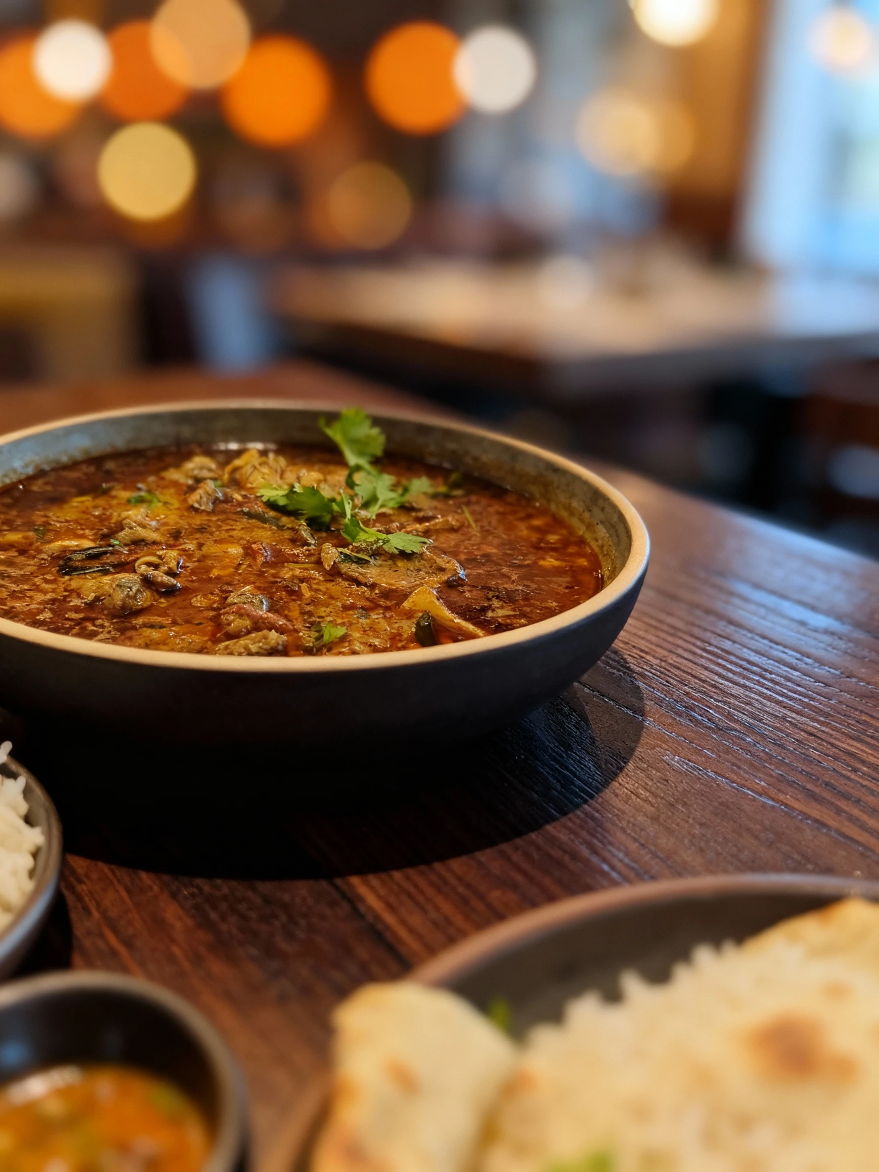 A close-up view of a rich, reddish-brown meat curry or stew, featuring chunks of meat submerged in a thick gravy with visible spices and green herbs.