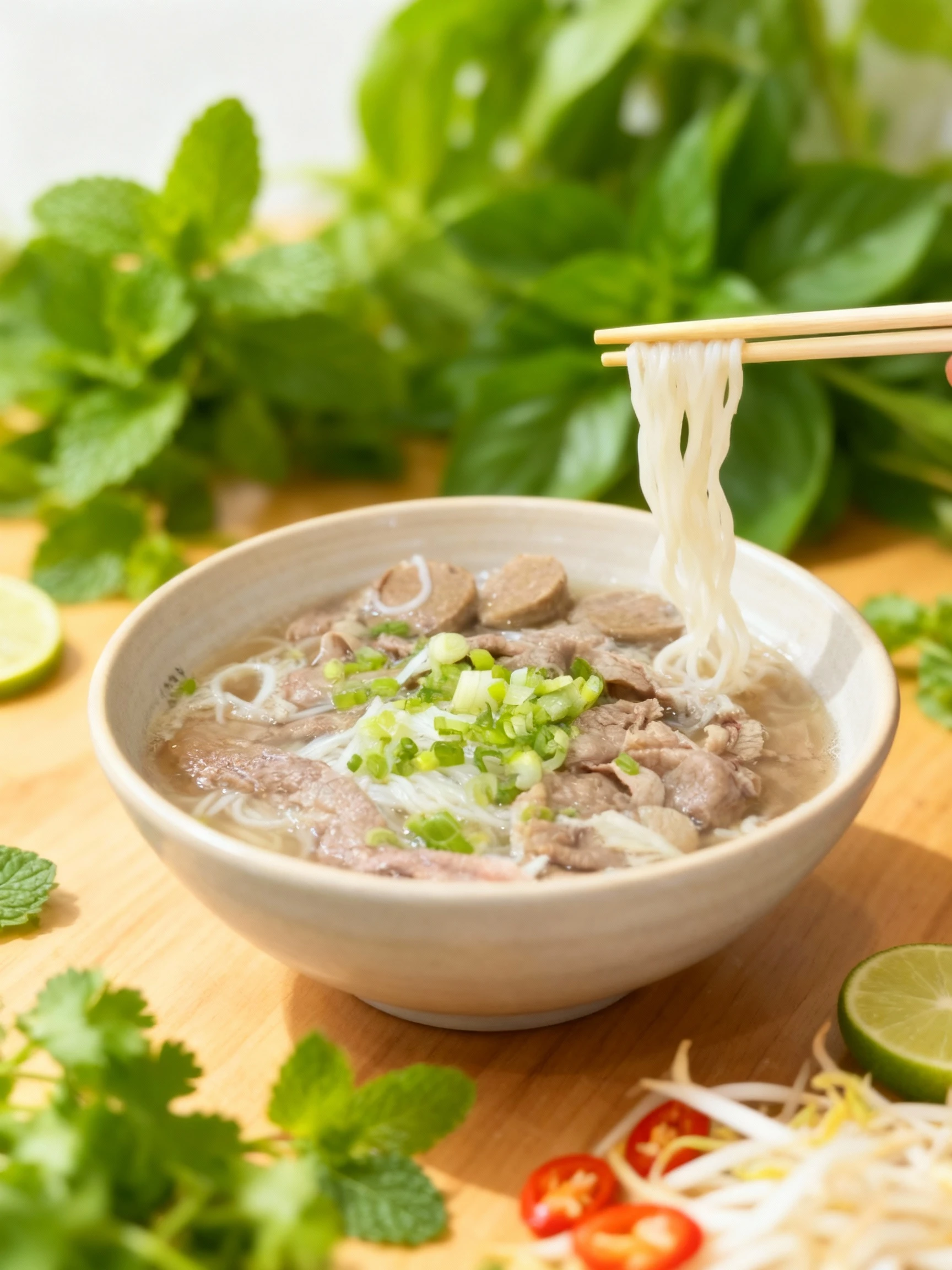 A large bowl of Vietnamese Beef Pho featuring rice noodles, thin slices of beef, and beef meatballs in a savory broth, garnished heavily with chopped green onio