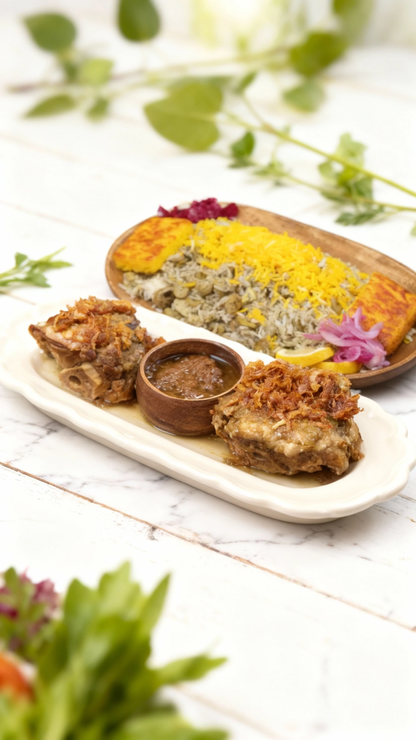 A traditional Iranian meal featuring Baghali Polo (dill and fava bean rice) topped with saffron rice, served with two cuts of slow-cooked lamb or beef shank cov