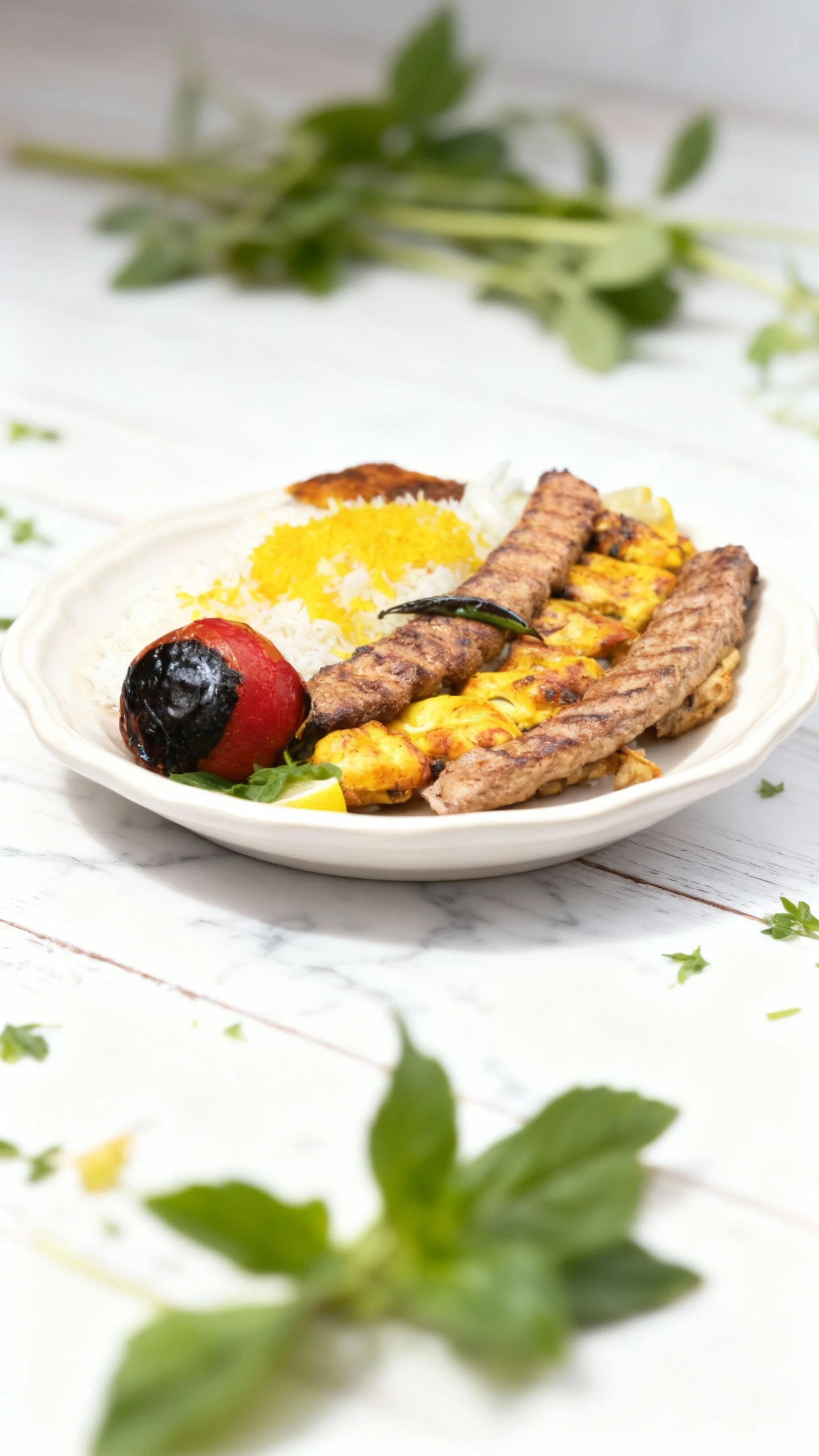 This Persian kebab platter features two skewers of grilled ground meat (Koobideh) and a skewer of marinated chicken cubes (Joojeh Kebab), served over a bed of w