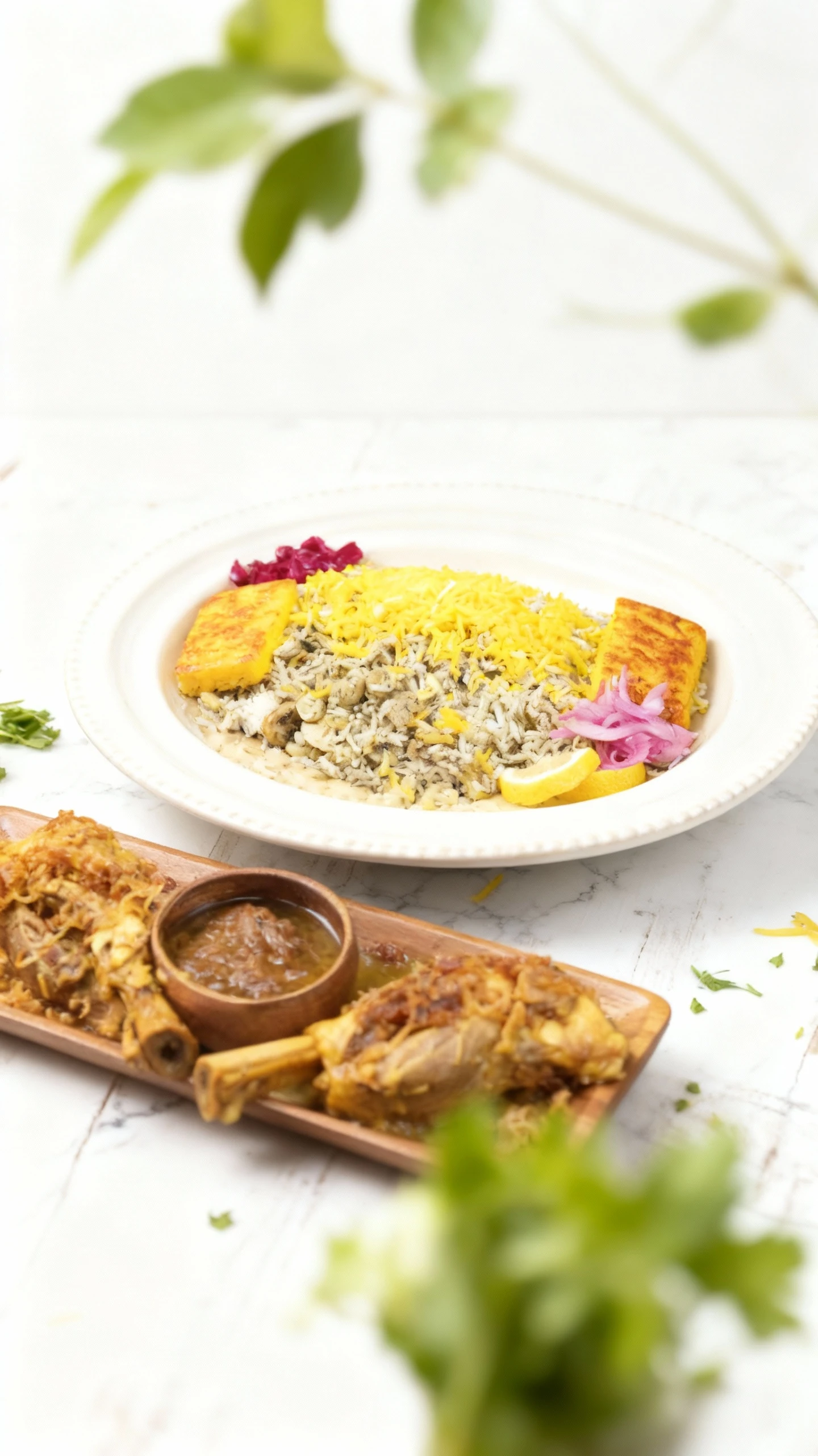 This Persian meal features two braised lamb shanks topped with crispy fried onions and served with a side of dark stew (khoresh). The accompanying pilaf consist
