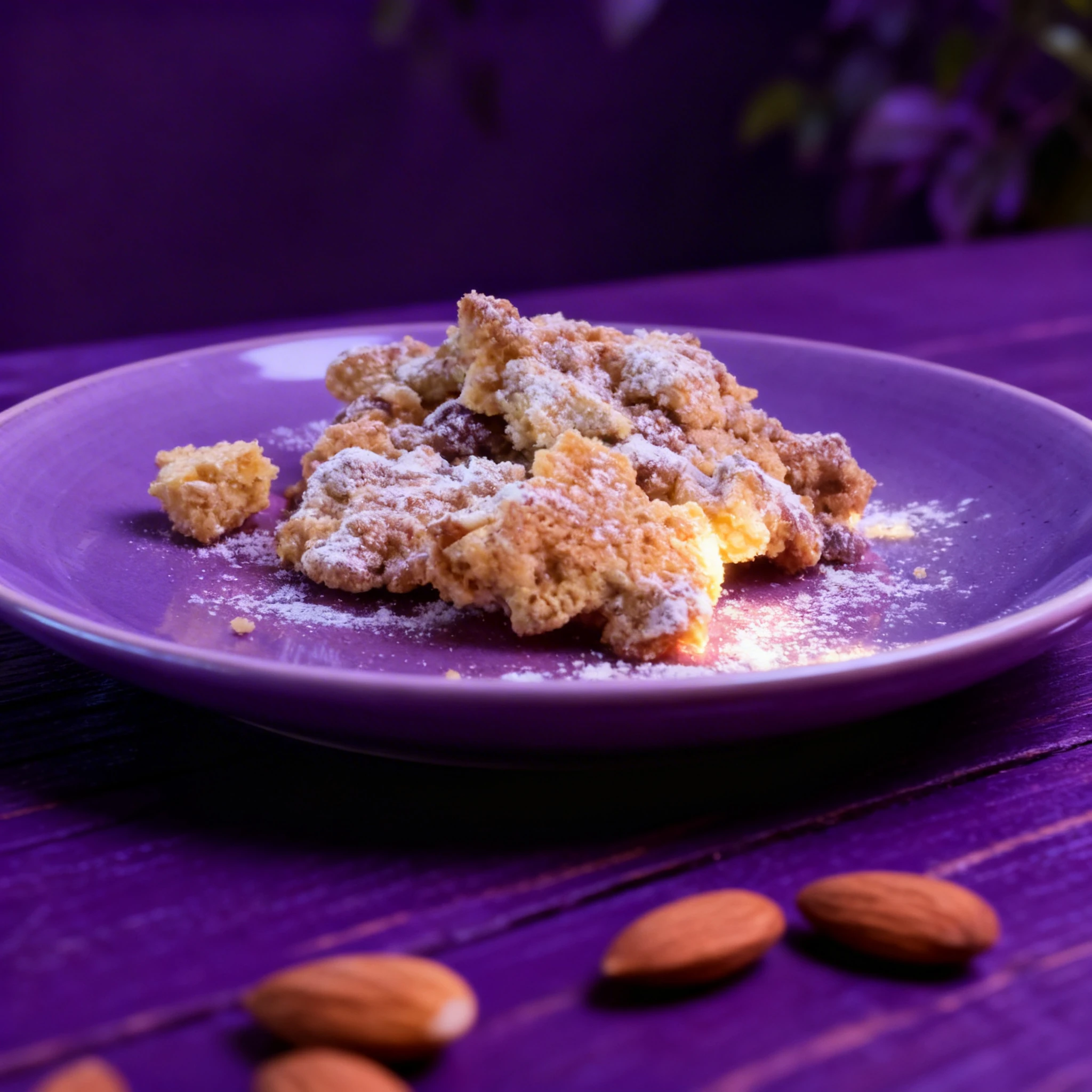 A pile of golden-brown sbrisolona cookie chunks dusted with powdered sugar, served on a red paper doily.