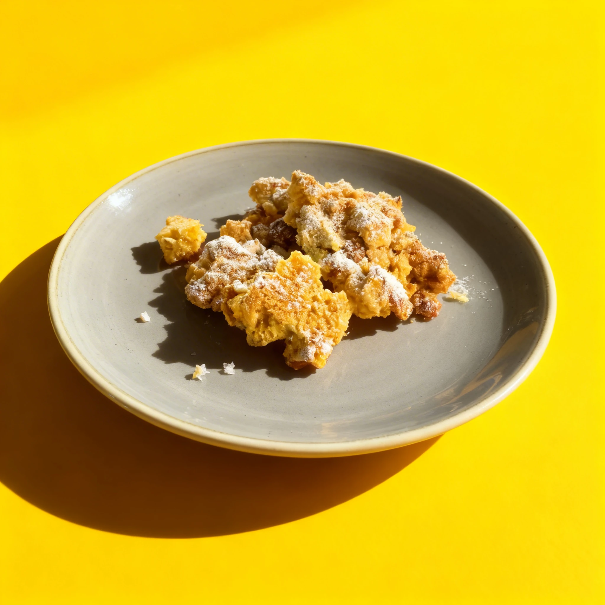 Kaiserschmarrn pancake pieces dusted with powdered sugar, served on a red paper doily atop a grey ceramic plate.