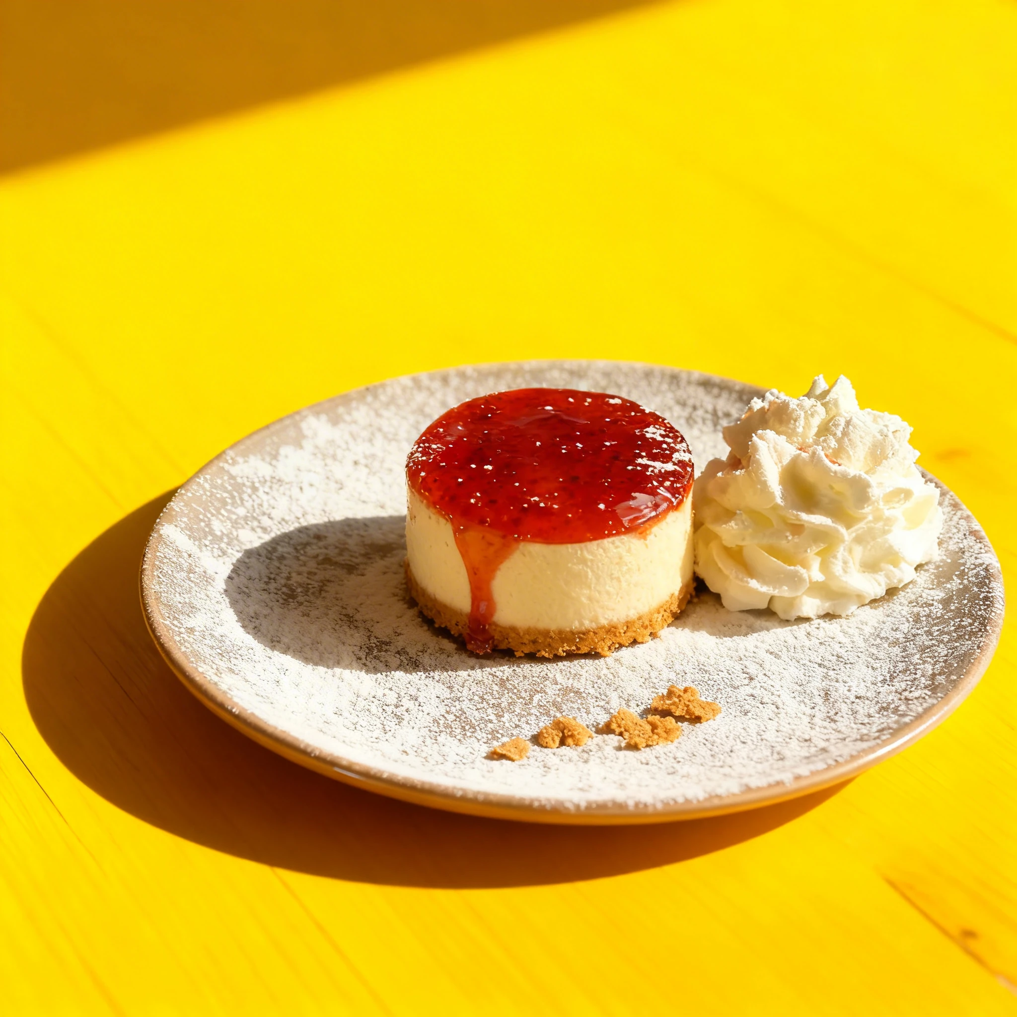 Mini cheesecake topped with strawberry glaze on a graham cracker crust, served with whipped cream and powdered sugar dusting.