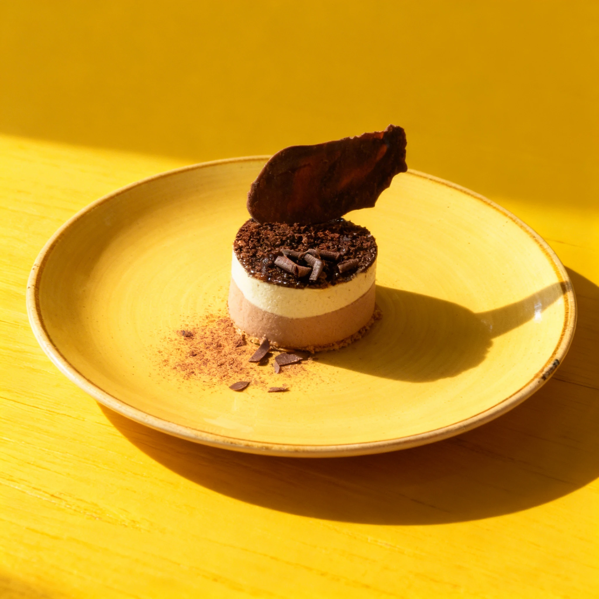 A cylindrical layered chocolate mousse cake topped with chocolate curls, cocoa powder, and a large dark chocolate shard garnish.