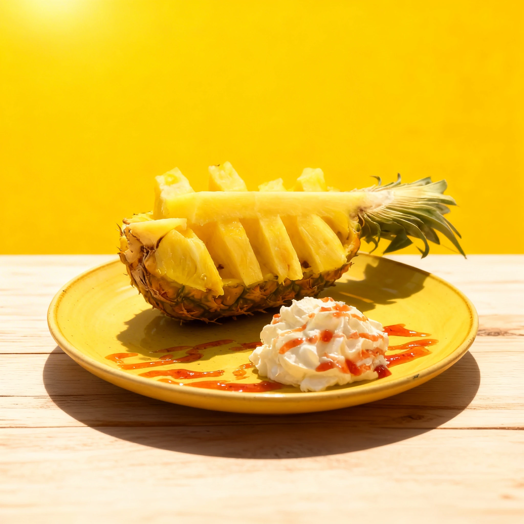 Fresh pineapple boats served with a dollop of whipped cream and red fruit drizzle on a yellow ceramic plate.