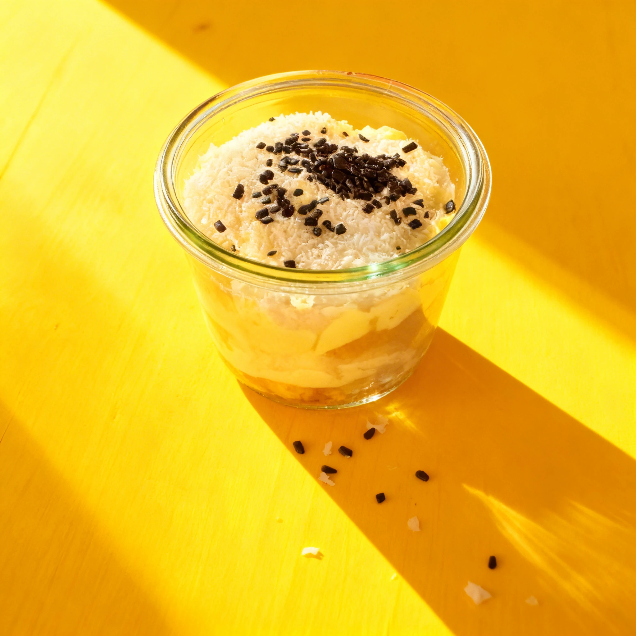 A layered dessert served in a glass jar, topped with shredded coconut and dark chocolate sprinkles.