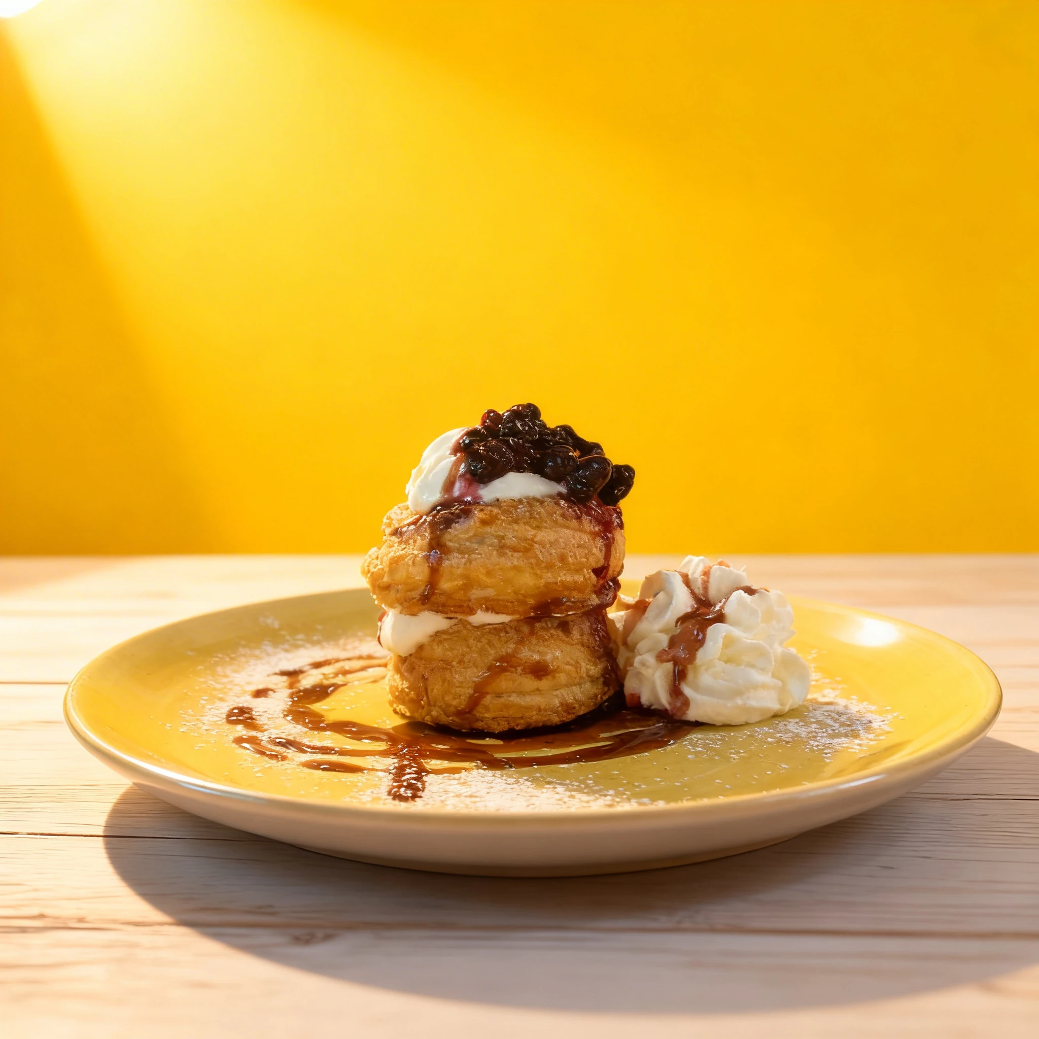 A flaky puff pastry stack topped with whipped cream, berry compote, and a drizzle of fruit sauce, served with an additional swirl of whipped cream and a dusting