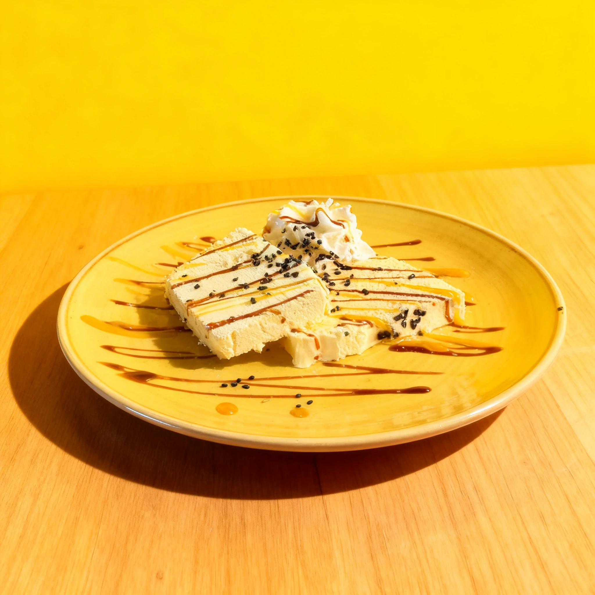 A slice of semifreddo or cheesecake drizzled with chocolate and caramel sauces, topped with whipped cream and black sesame seeds on a yellow plate.