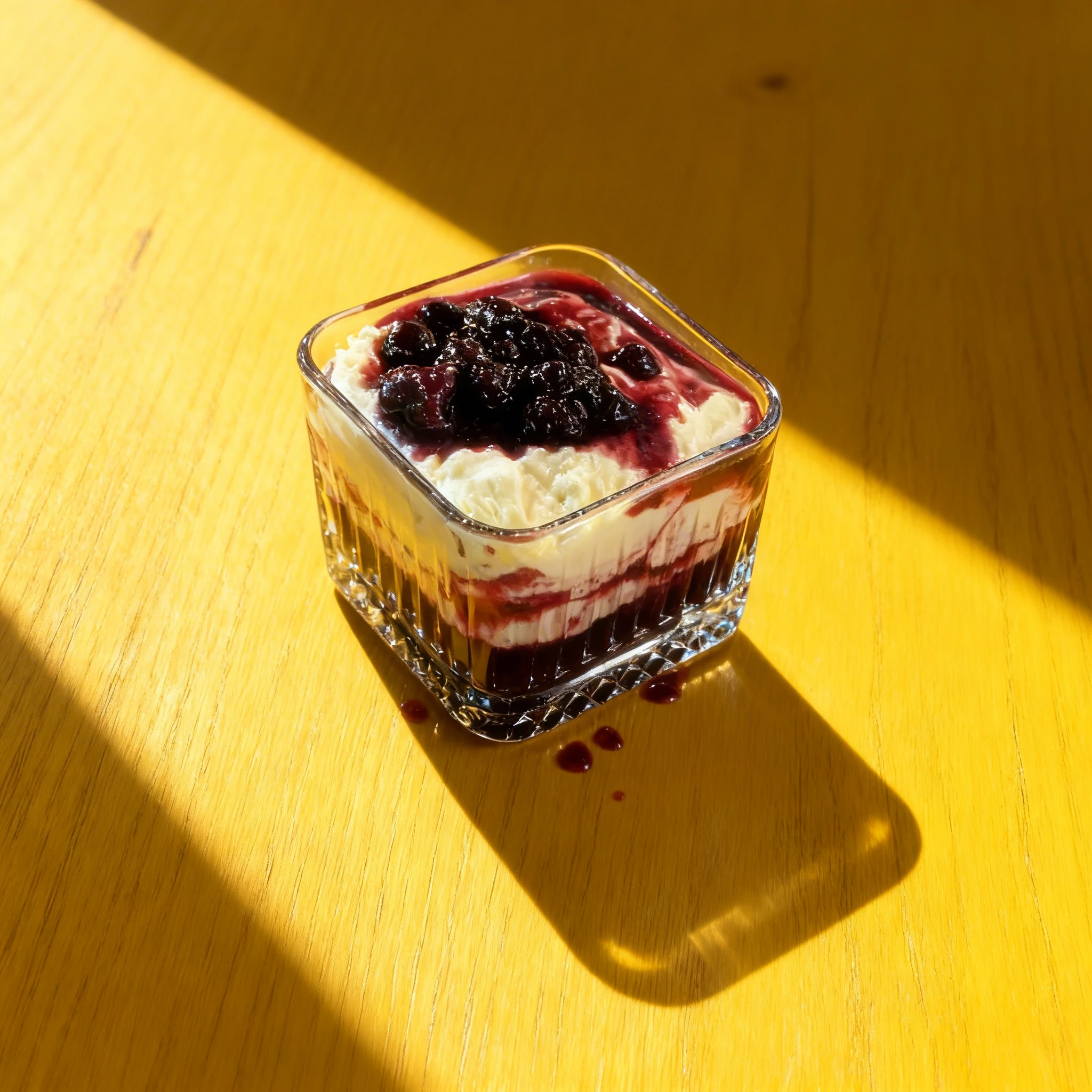 Layered dessert served in a square glass dish, featuring creamy white mousse topped with dark berry compote.
