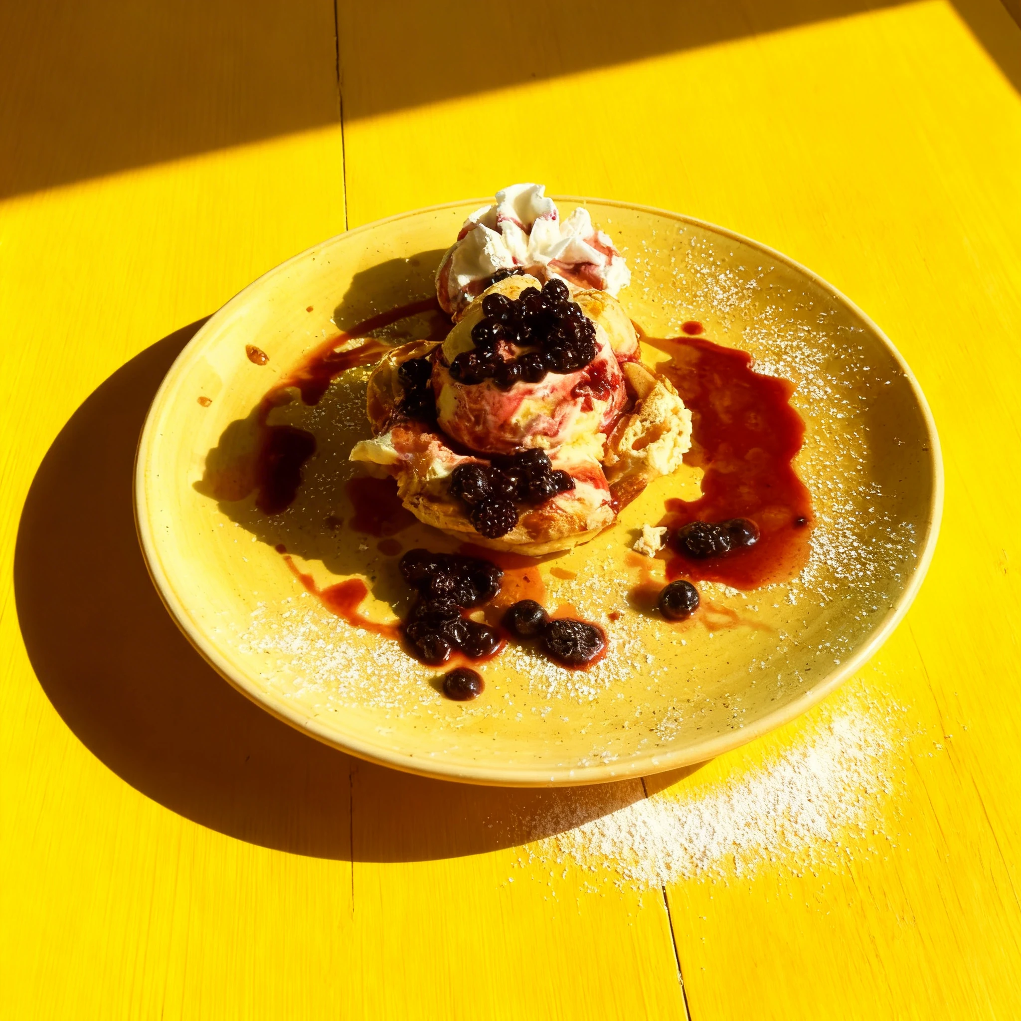 A dessert featuring waffles or pancakes topped with vanilla ice cream, whipped cream, mixed berry compote, and a dusting of powdered sugar.