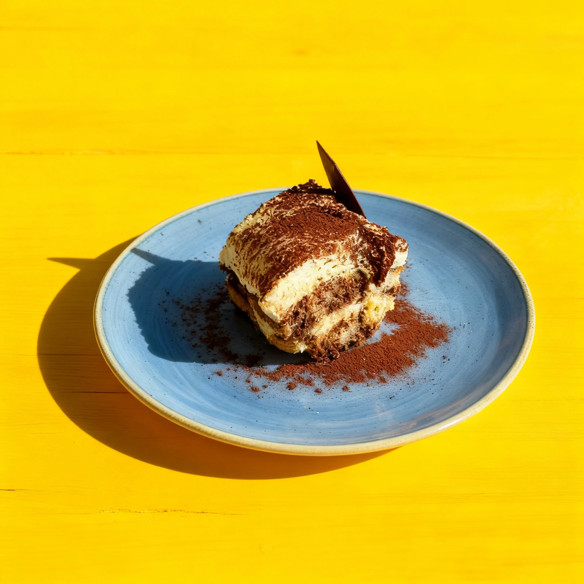 A slice of tiramisu with layers of mascarpone cream and coffee-soaked ladyfingers, topped with a chocolate shard and dusted with cocoa powder.