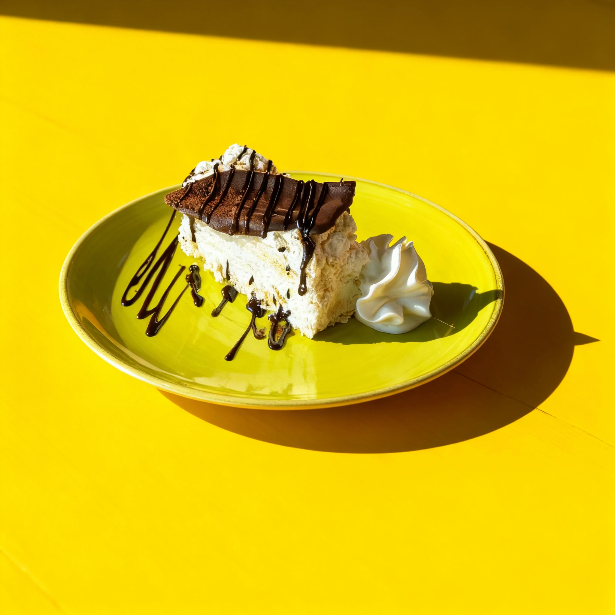 A slice of layered cake or pavlova topped with a chocolate piece, drizzled with chocolate sauce, and served with a dollop of whipped cream on a green plate.