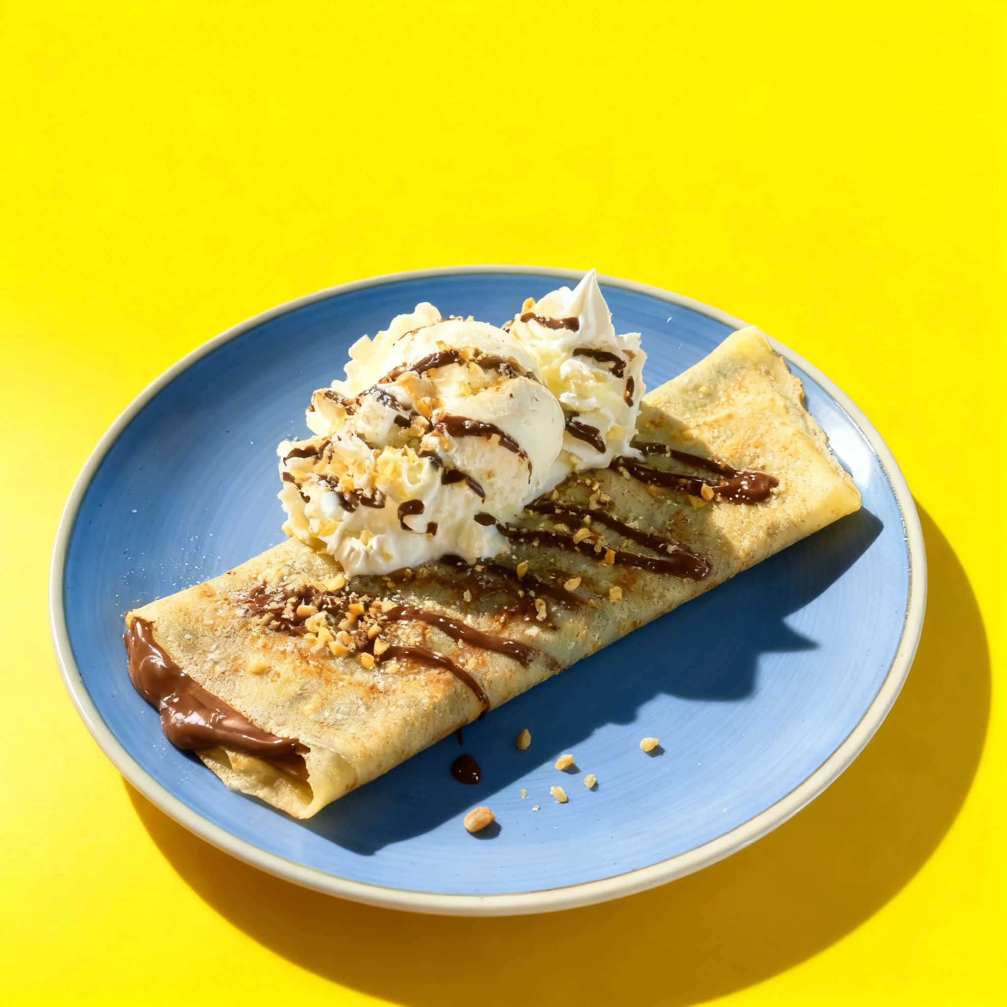 A folded crepe filled with chocolate hazelnut spread, topped with whipped cream, vanilla ice cream, chocolate drizzle, and crushed nuts.