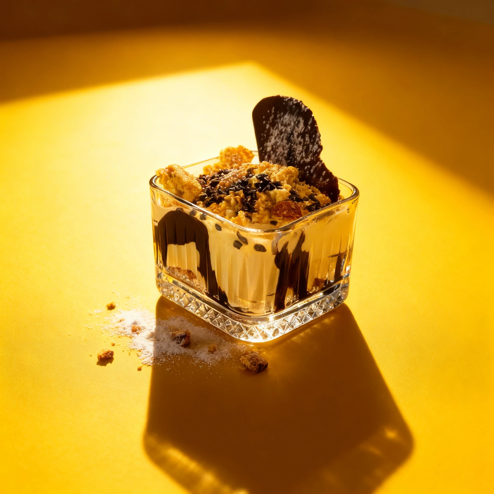 Layered dessert in a glass featuring custard, chocolate syrup, and crumbled cookies topped with chocolate nibs and a dark chocolate shard dusted with powdered s