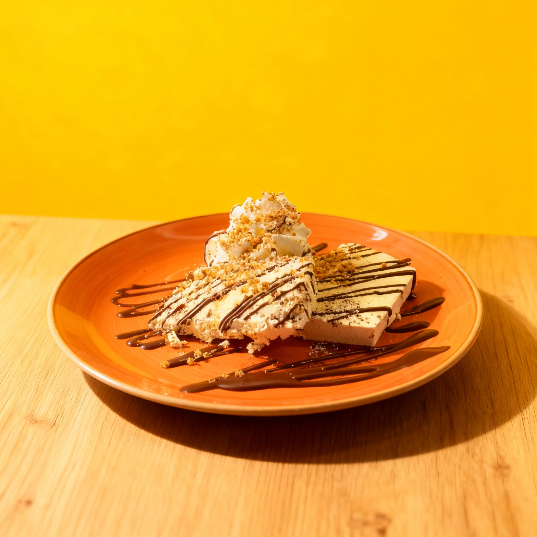 Slices of semi-freddo or cheesecake drizzled with chocolate sauce and topped with whipped cream and crushed nuts.