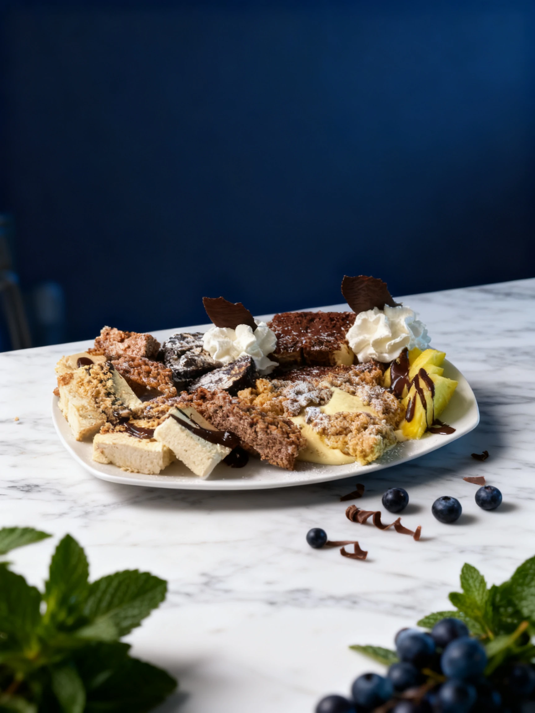 A dessert platter featuring sliced tiramisu, chocolate brownies, fruit crumble with custard, sliced pineapple with chocolate drizzle, and assorted confectionery
