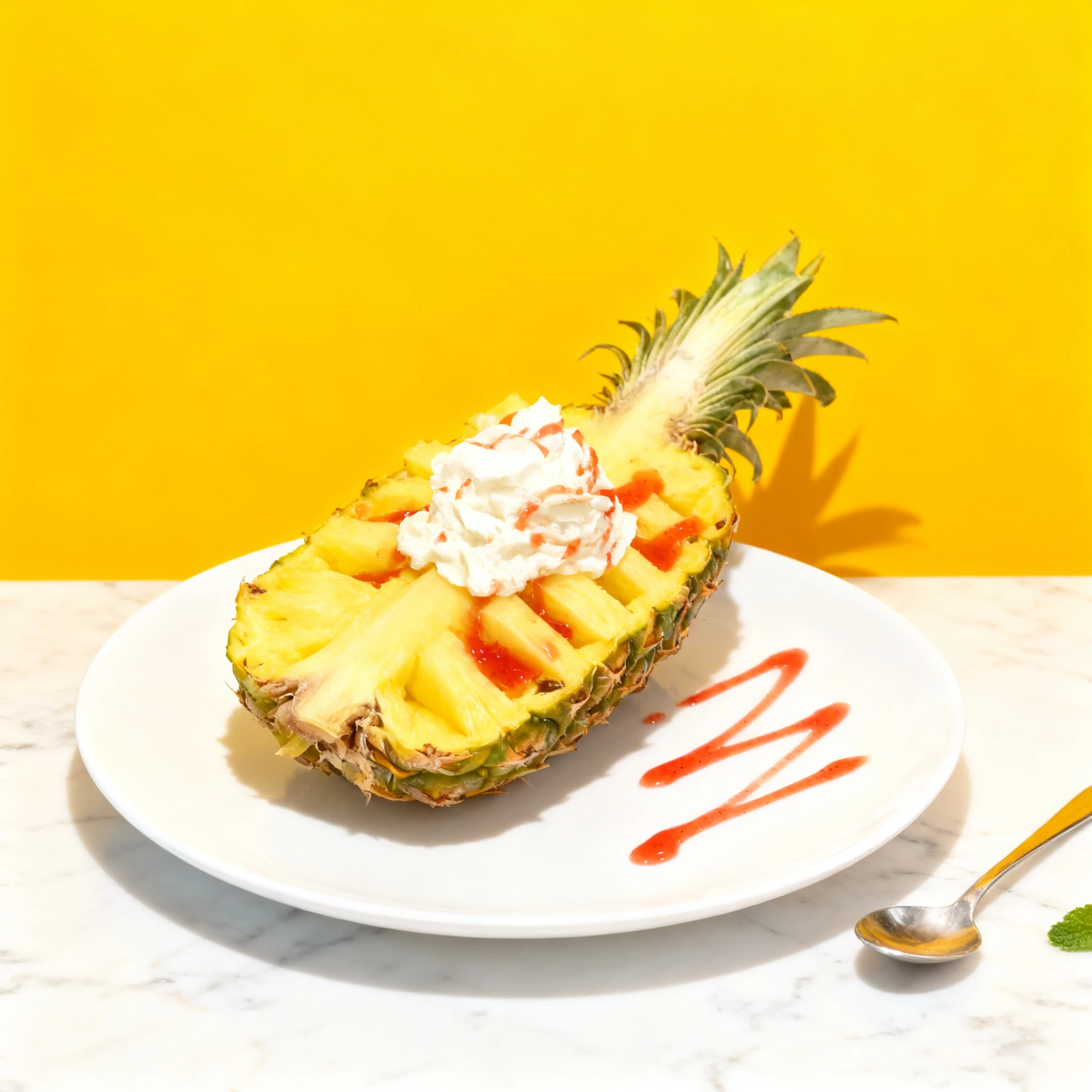 A sliced fresh pineapple boat served with a mound of whipped cream topped with red fruit syrup.