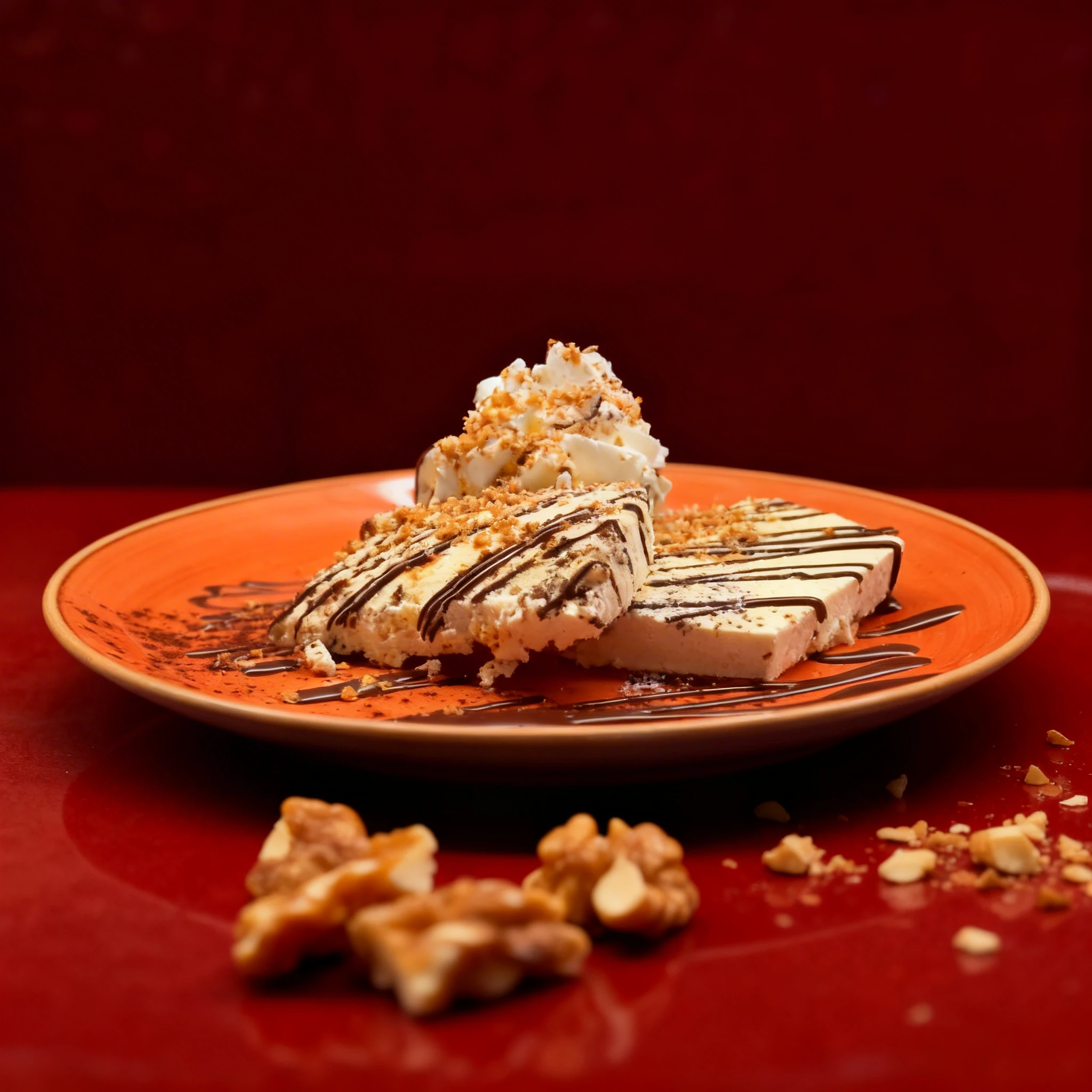 Slices of semifreddo or cheesecake drizzled with chocolate sauce, topped with whipped cream and crushed nut brittle on an orange ceramic plate.
