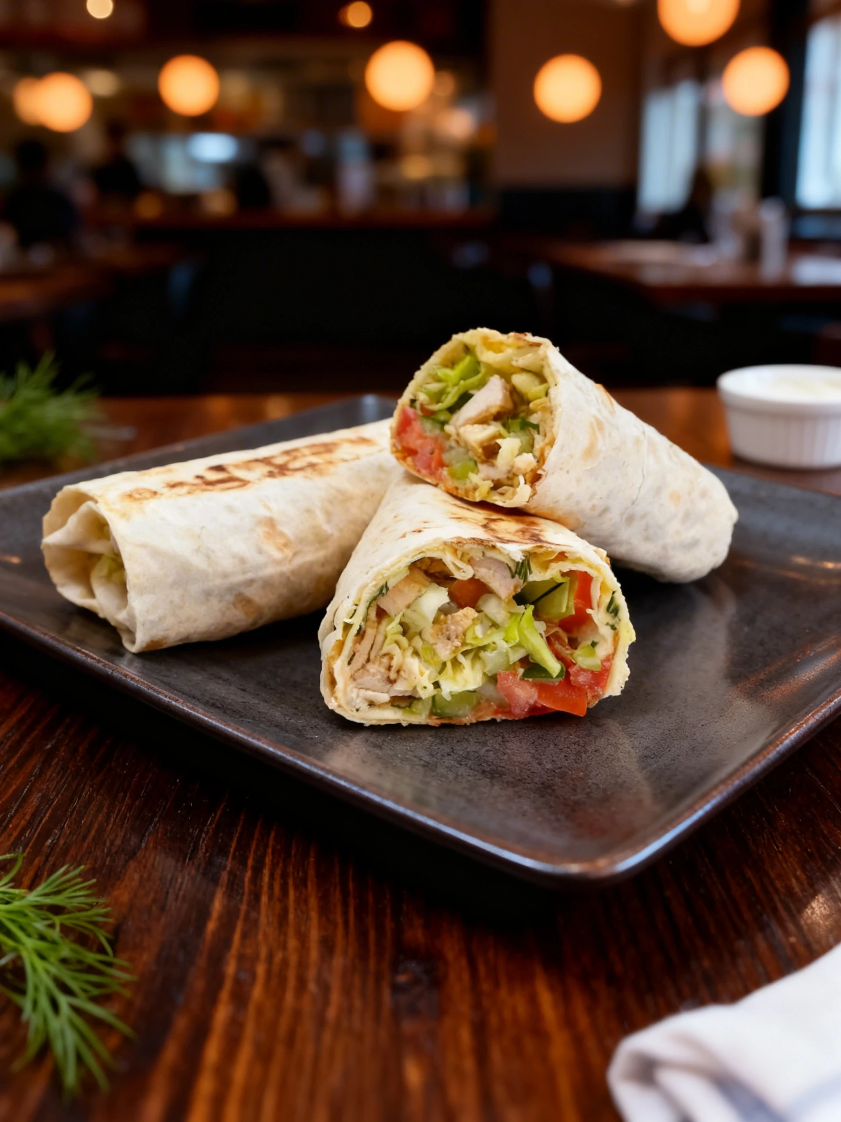 Grilled chicken wraps filled with shredded lettuce, diced tomatoes, cucumbers, and fresh dill in toasted flour tortillas.