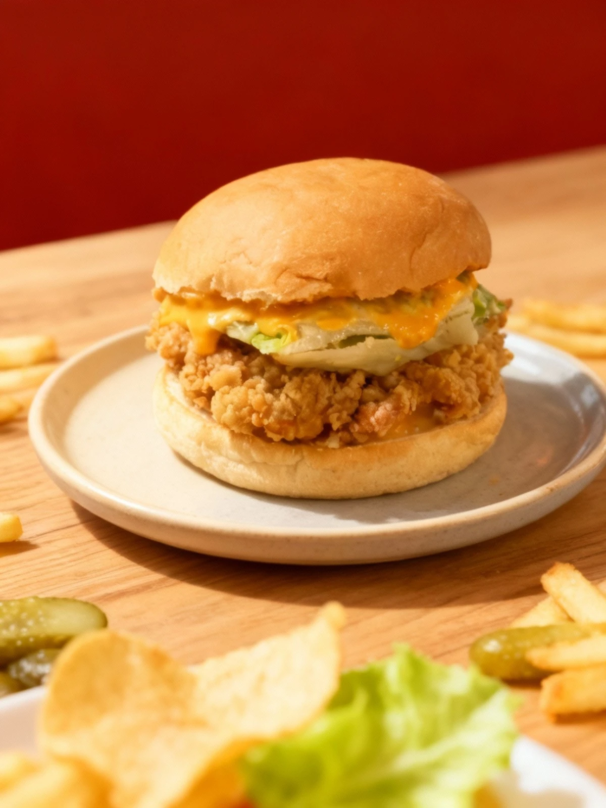 A fried chicken sandwich served on soft buns, featuring crispy, battered chicken pieces, a thick layer of iceberg lettuce, and a generous application of orange