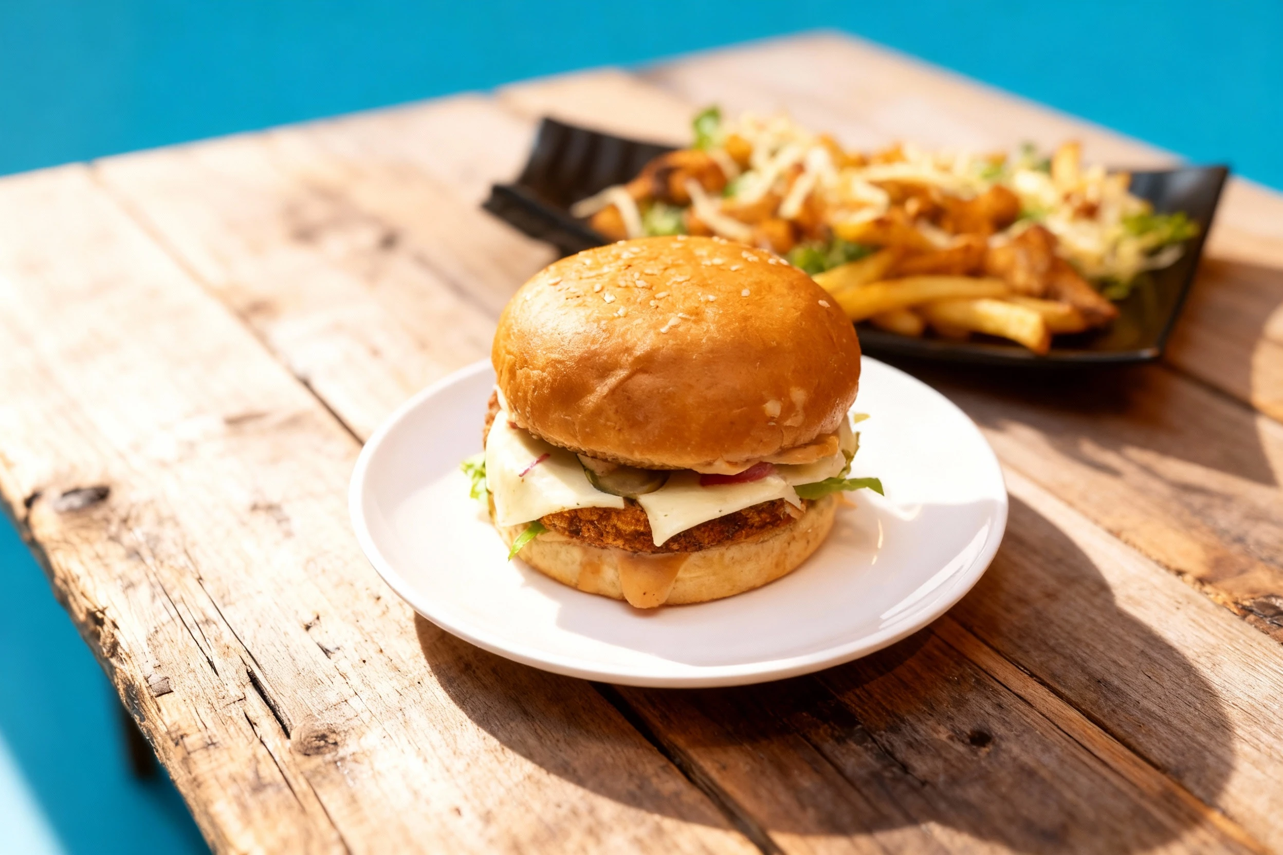 A sesame seed bun burger featuring a breaded chicken patty topped with a slice of white cheese, lettuce, and creamy sauce, served with a side of loaded fries.